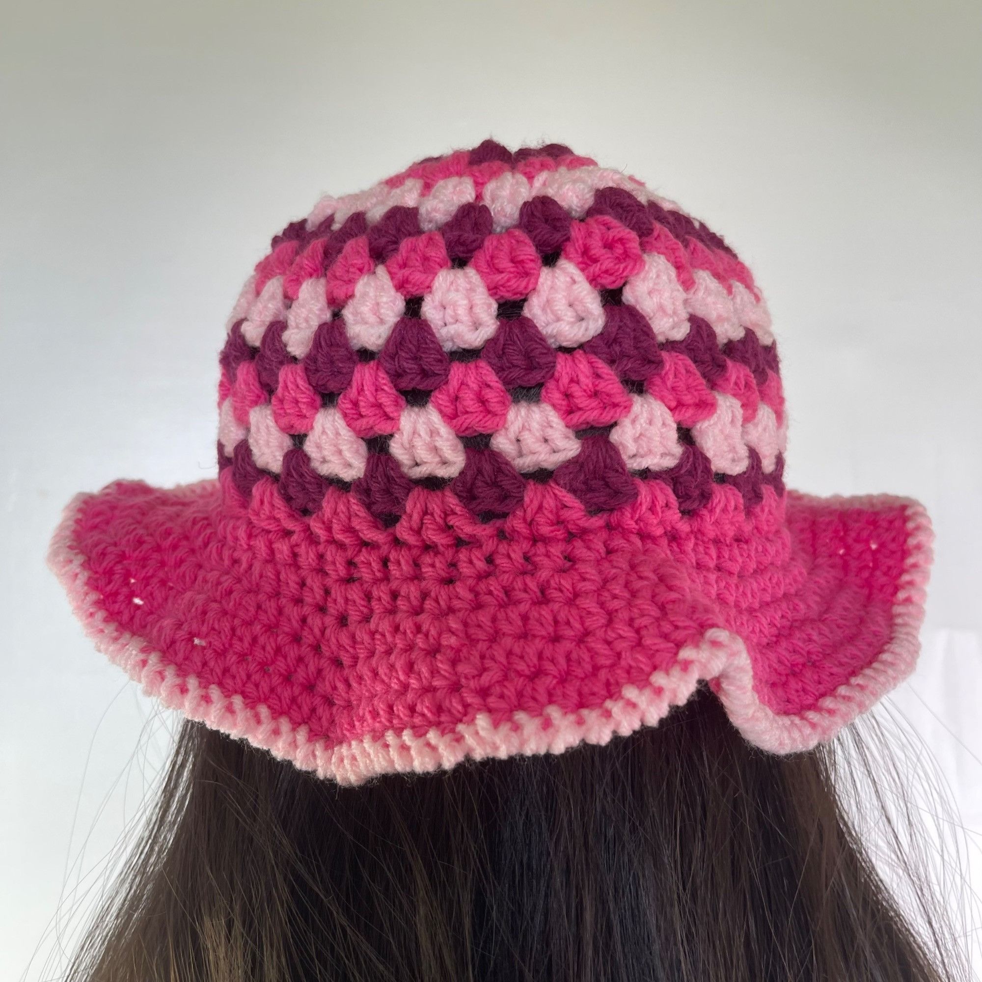 Handmade Crochet Bucket Hat Granny Square Pattern Pink and Burgundy A Size ONE SIZE - 4 Thumbnail