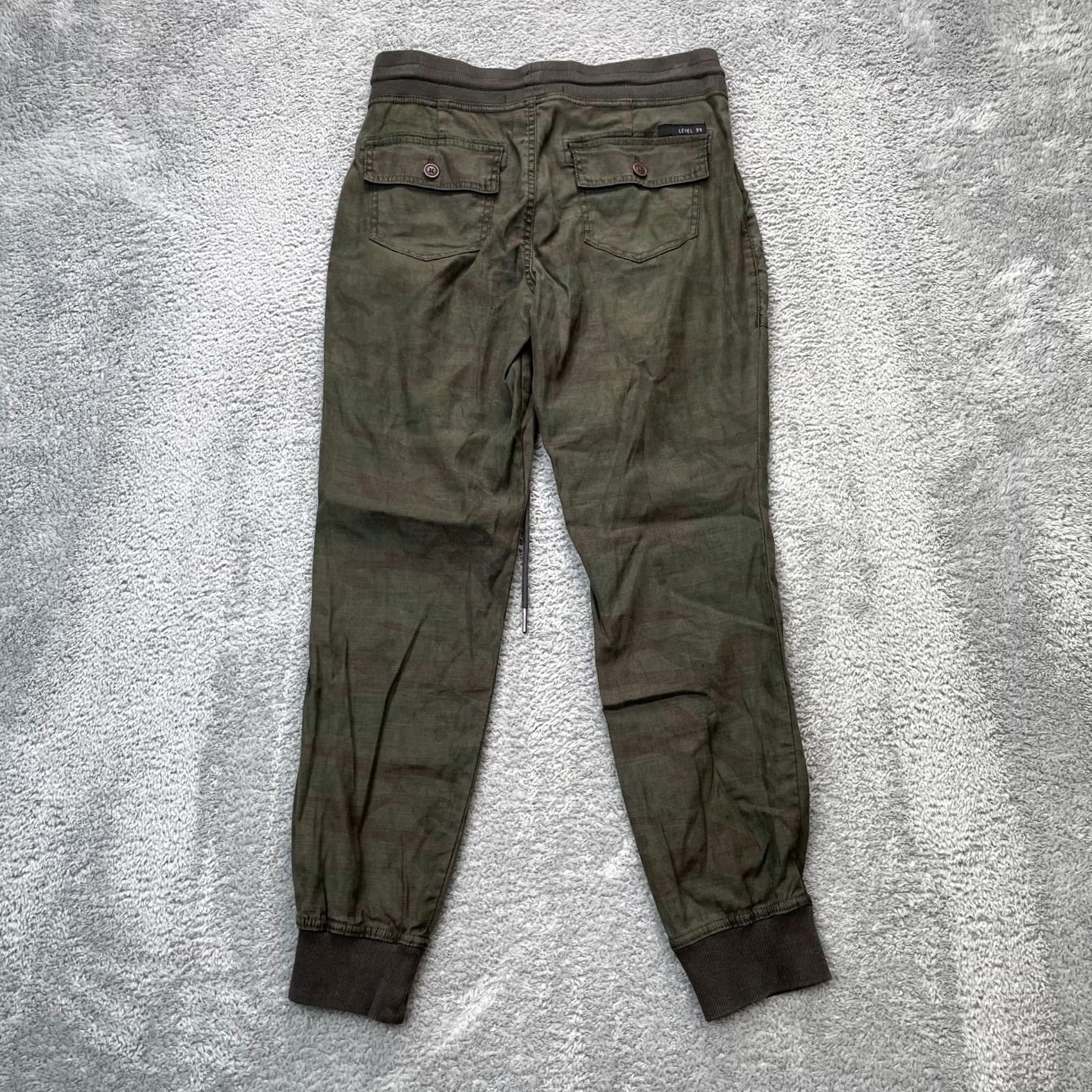Vintage VINTAGE Level 99 Pants Womens XS Green Camo Linen Jogger Tapered Leg Drawstring Size 26" / US 2 / IT 38 - 5 Thumbnail
