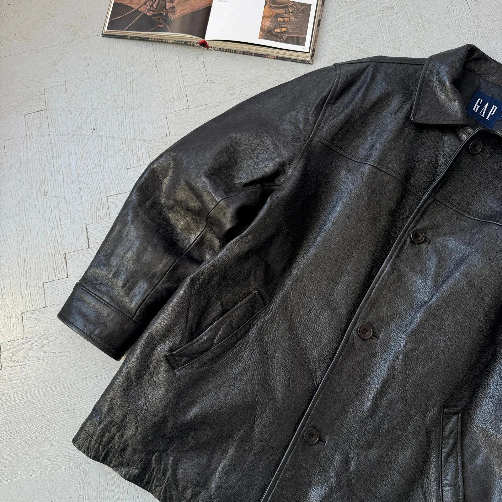 Gap Vintage 00s Gap Real Heavy Leather Collared Car Coat Size US M / EU 48-50 / 2 - 2 Thumbnail
