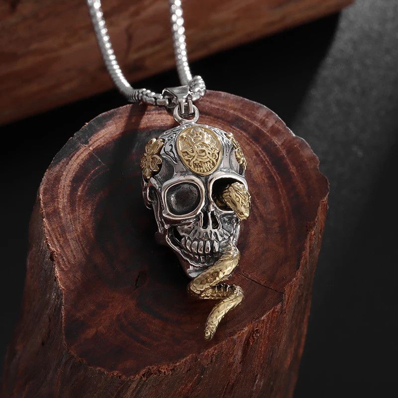 Vintage Gothic Snake Coiled Demon Skull Pendant Necklace Size ONE SIZE - 1 Thumbnail