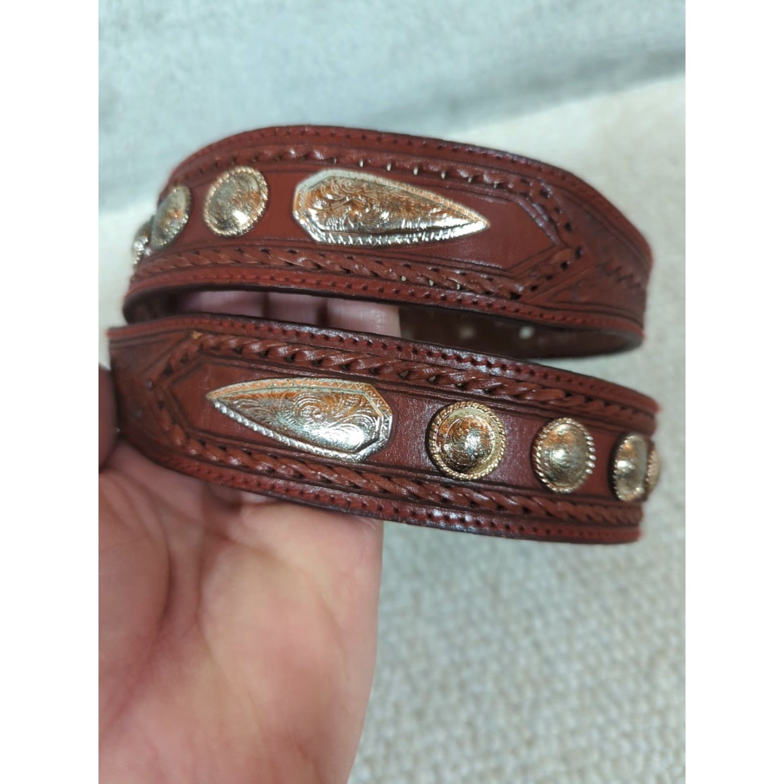 Vintage Nocona Western Belt Unisex Adults Size 32 Brown Leather Hand Tooled Medallions Buckle Adjustable USA Size 32 - 4 Thumbnail