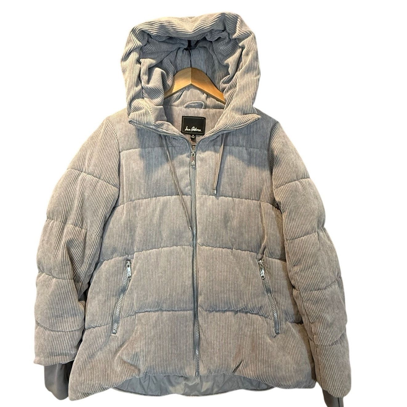 Sam Edelman Gray Quilted Corduroy Puffer Jacket Coat Hood M
