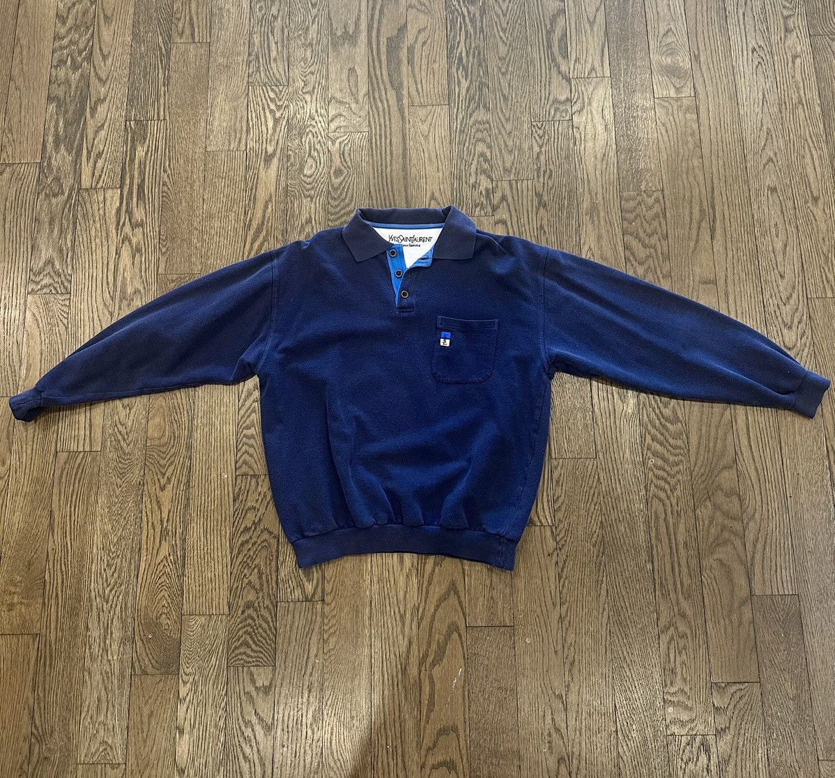 image of YVES Saint Laurent YSL Navy 1/4 Button Sweater in Blue, Men's (Size Medium)