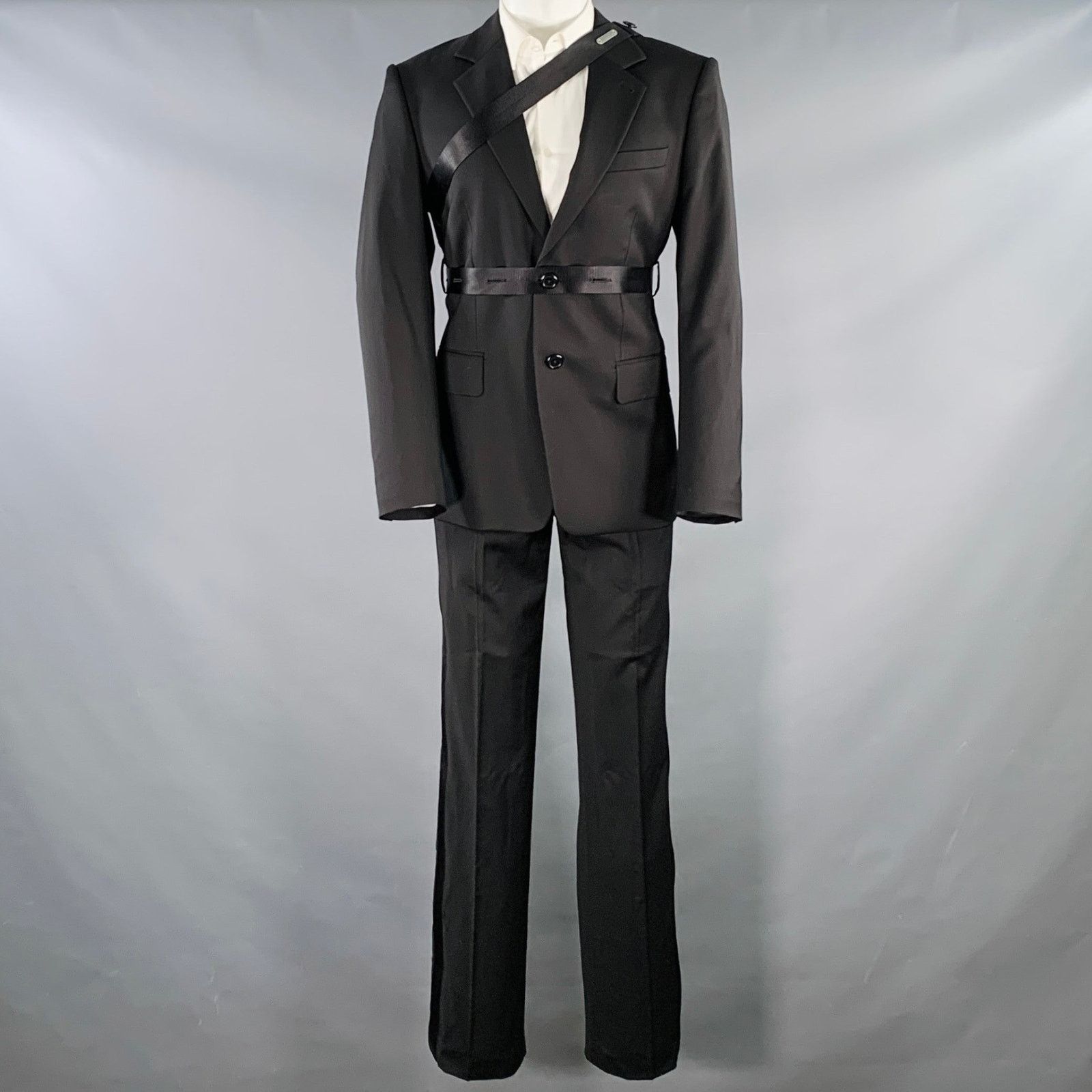 Helmut Lang HELMUT Black Wool Notch Lapel Seatbelt Suit Size 42R - 2 Thumbnail