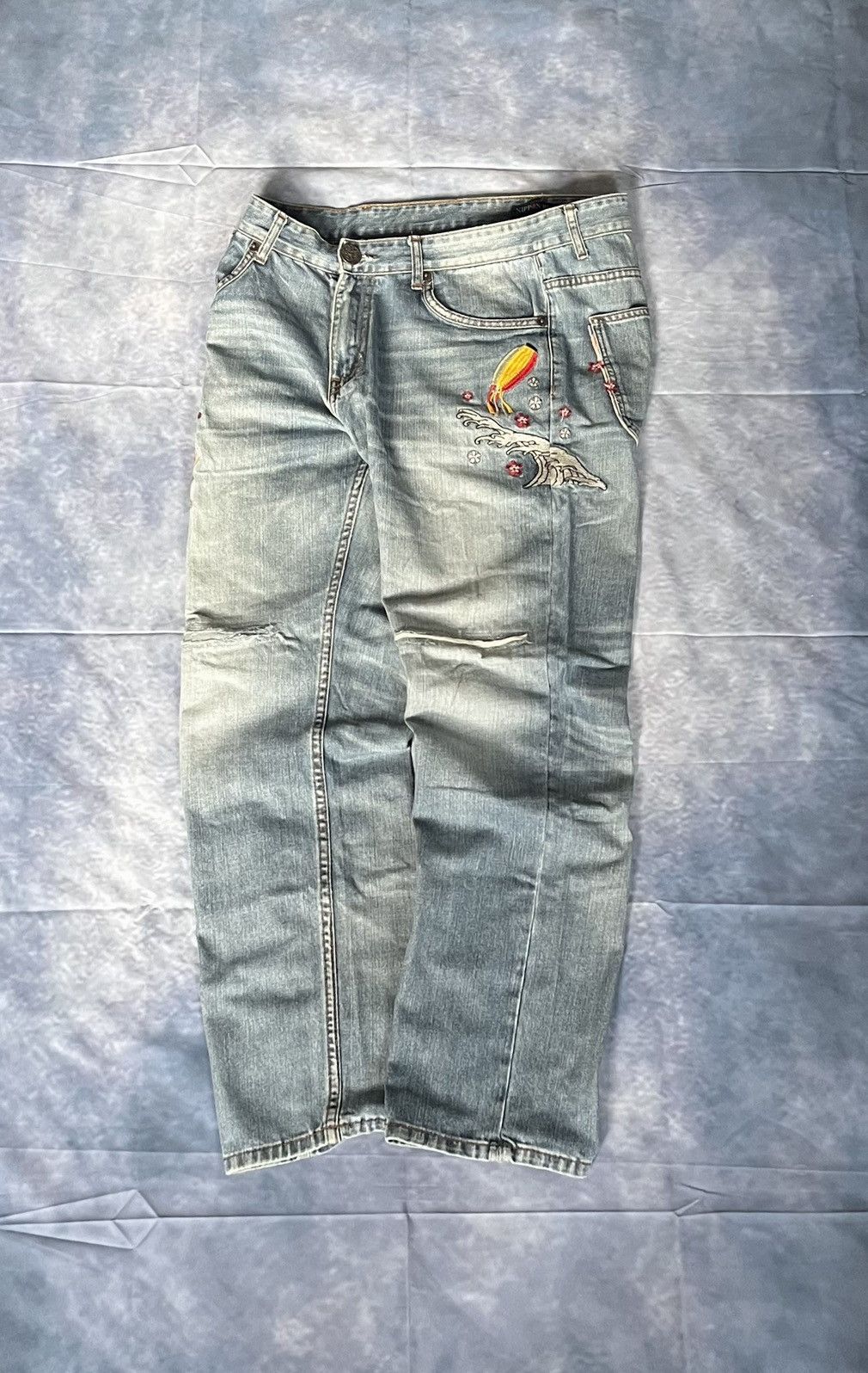 Japanese Brand Nippon Blue Y2K Embroidered Koi Fish Jeans Size US 36 / EU 52 - 1 Thumbnail