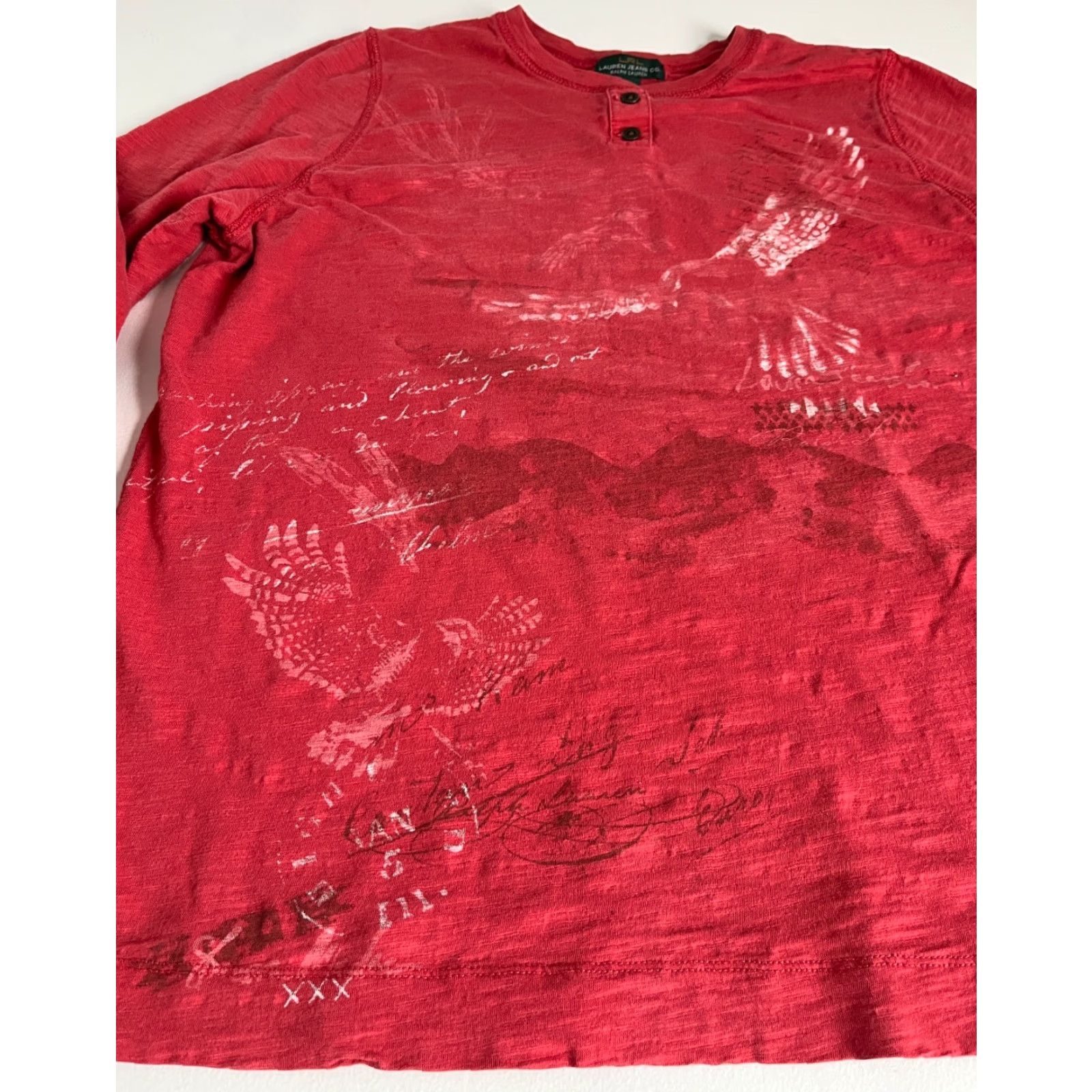 Vintage Lauren Jeans Co. Ralph Lauren Women's Long Sleeve Henley Shirt 1X Brick Red Cotton T-Shirt Casual Women Gly Gender: Womens Size XL / US 12-14 / IT 48-50 - 4 Thumbnail