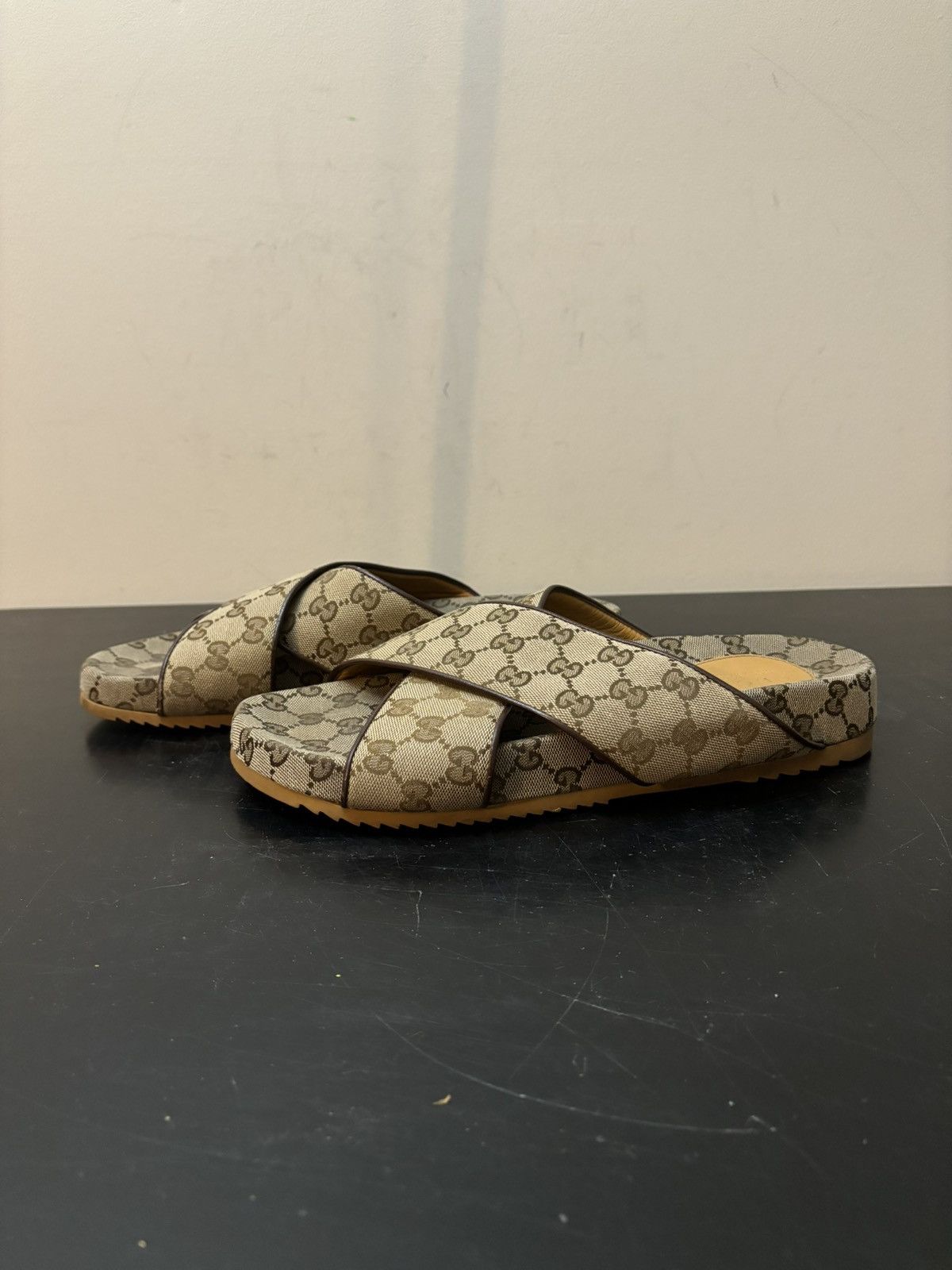 Gucci GG Monogram Criss Cross Canvas Sandals Beige Brown