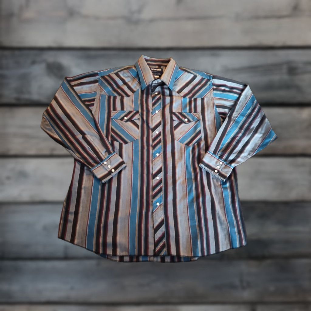 Wrangler VINTAGE Wrangler Pearl Snap Shirt Mens 18X36 X-Long Tail Plaid Blue Multi USA Cowboy Cut Shirt Mens Size US XXL / EU 58 / 5 - 1 Thumbnail