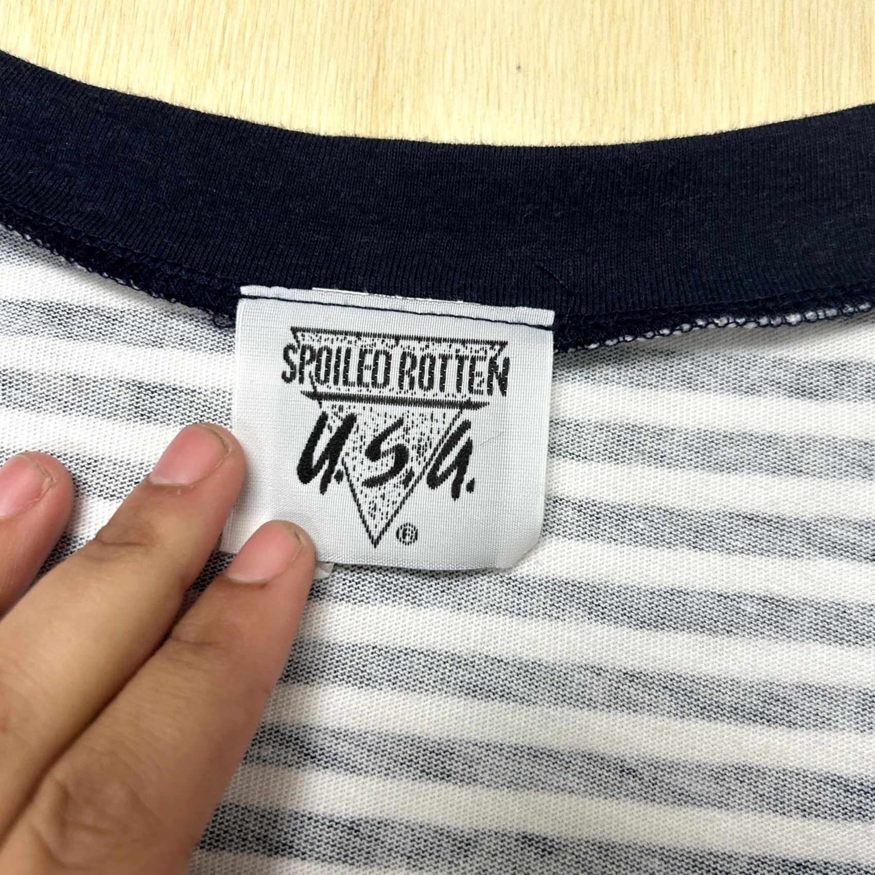 Vintage Spoiled Rotten U.S.A. Shirt Womens 1X Blue Stripe Short Sleeve V Neck Size XL / US 12-14 / IT 48-50 - 3 Thumbnail