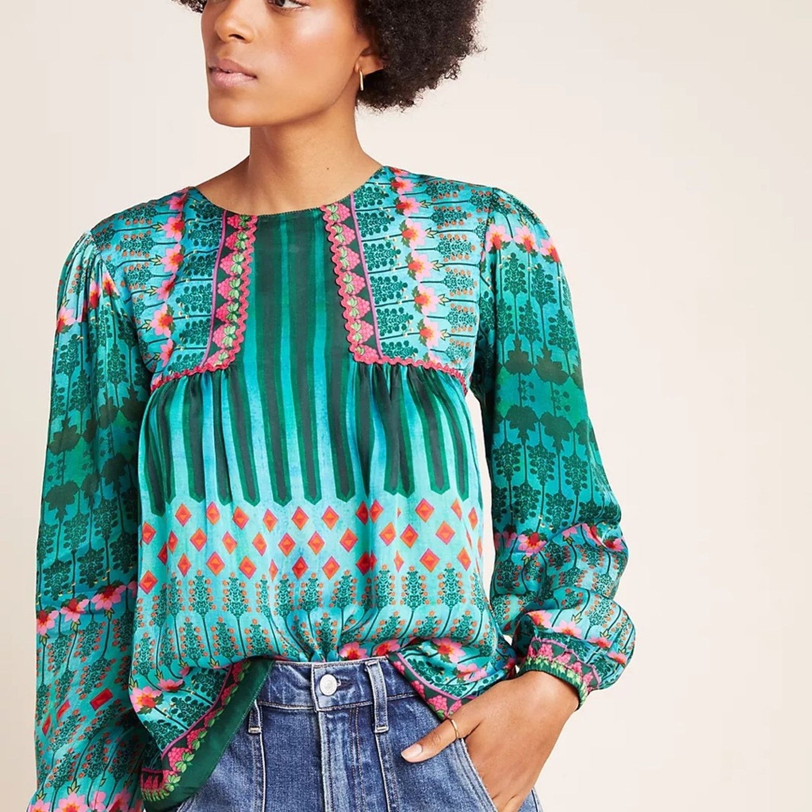 Johnny Was Johnny Was XS Lahira Green Blouse with Puff Sleeves Size XS / US 0-2 / IT 36-38 - 1 Thumbnail
