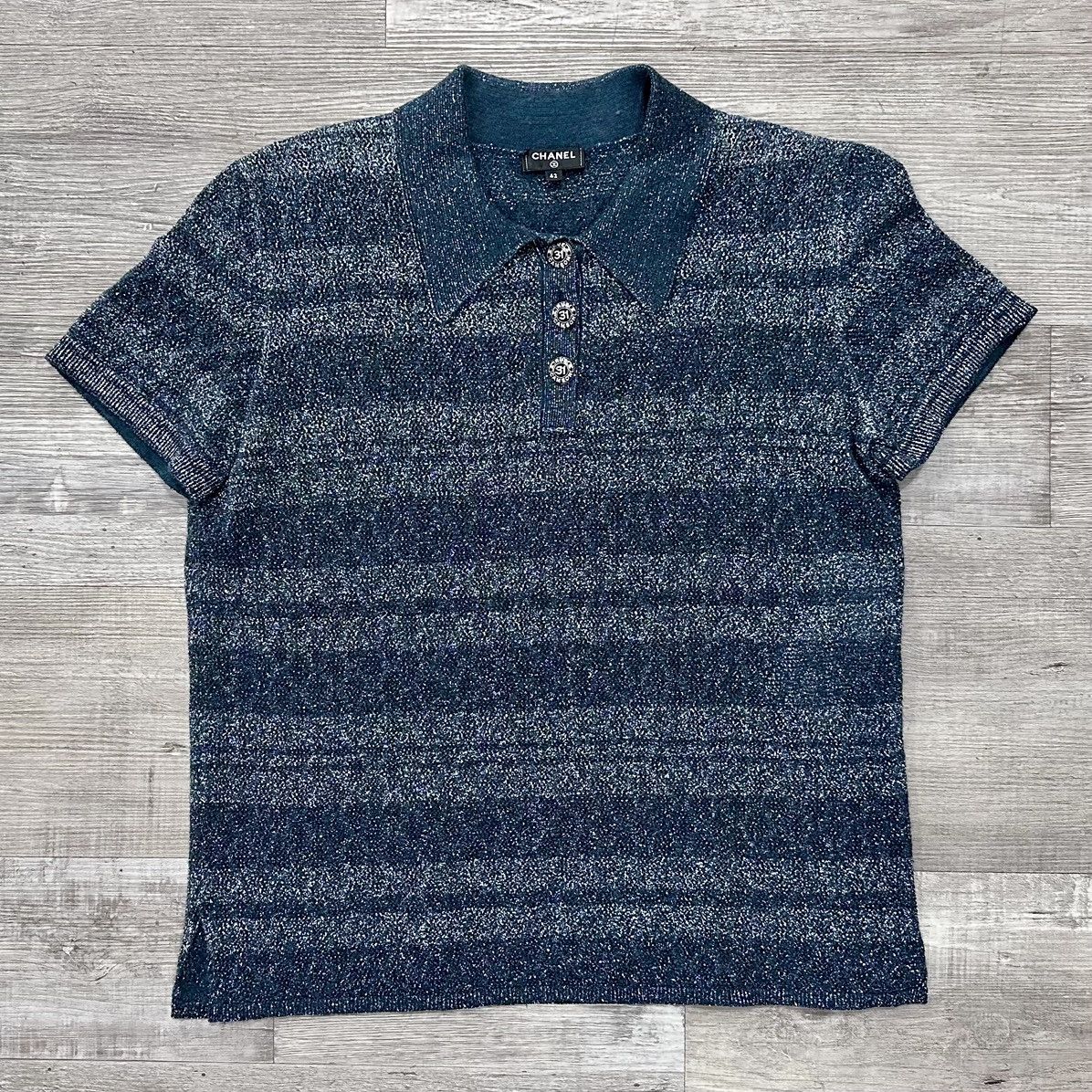 RARE CHANEL TEAL METALLIC STRIPED KNIT POLO