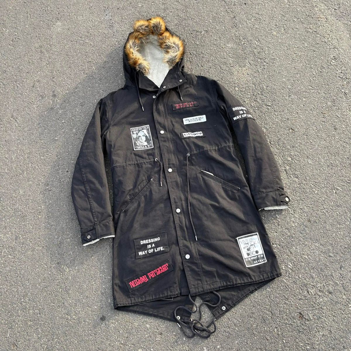 Japanese Brand RINGS Black Patchwork Fishtail Parka Jacket Fur Hood Y2K Size US L / EU 52-54 / 3 - 11 Thumbnail