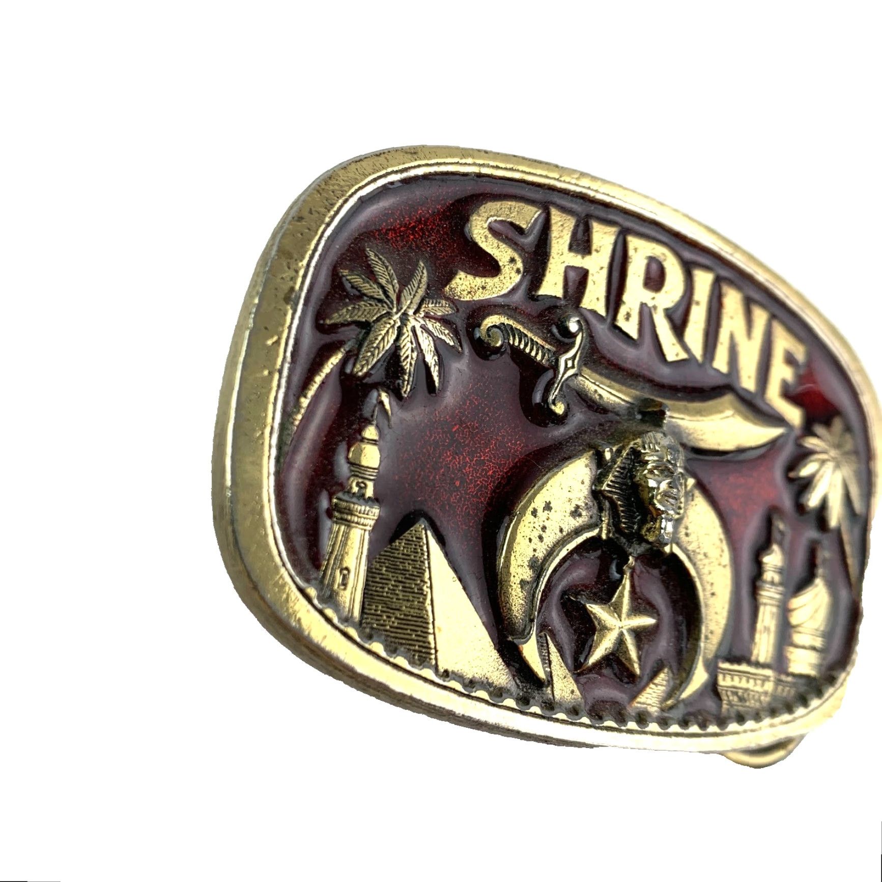 Vintage VINTAGE 1980s Shrine Shriners Sword Red Gold Tone Belt Buckle Great American Buckle Company Adult Unisex Mens Womens 1801 Size ONE SIZE - 2 Thumbnail