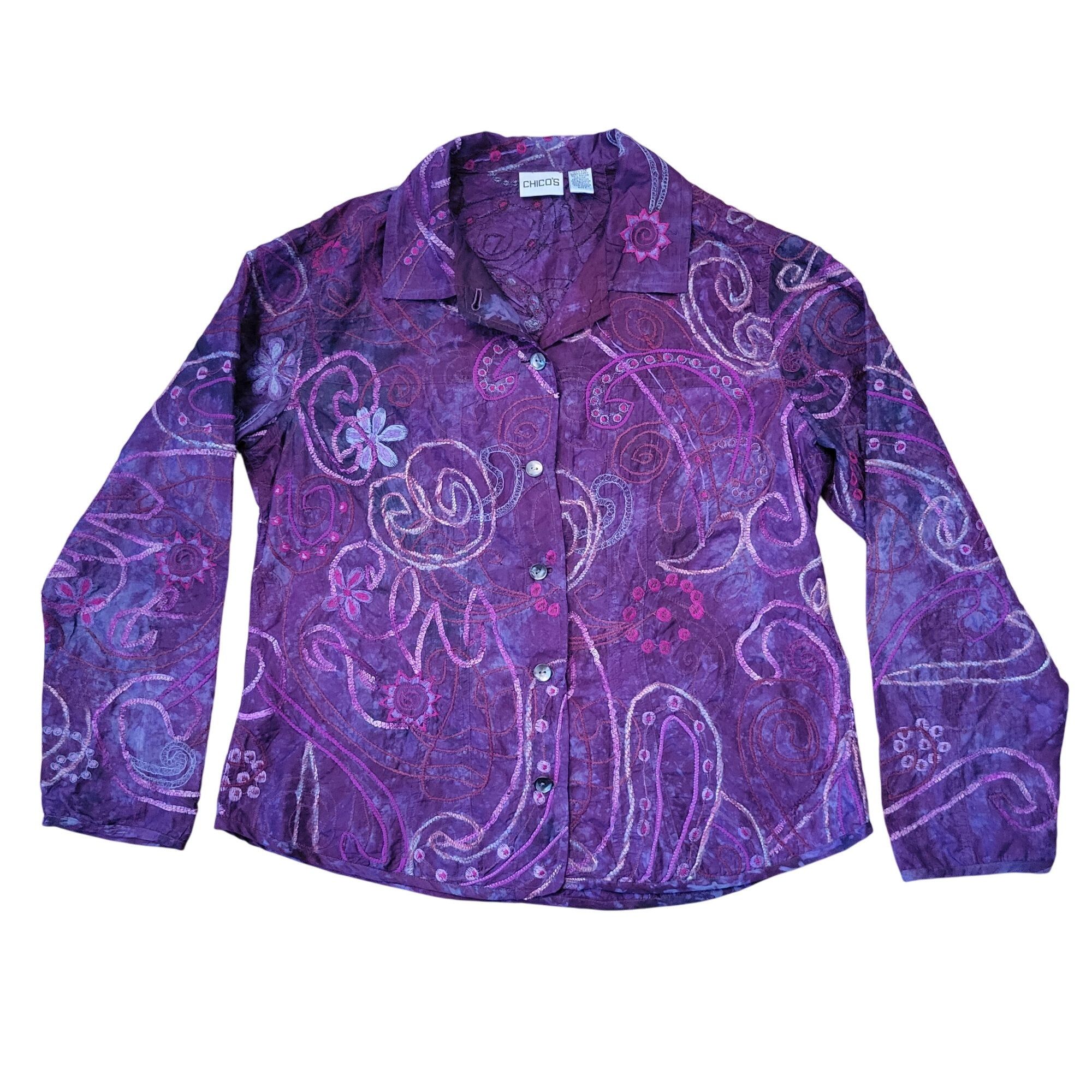 Chicos Chicos 3 Purple Embroidered Button Down Silk Shirt Blouse XL Size XL / US 12-14 / IT 48-50 - 1 Thumbnail