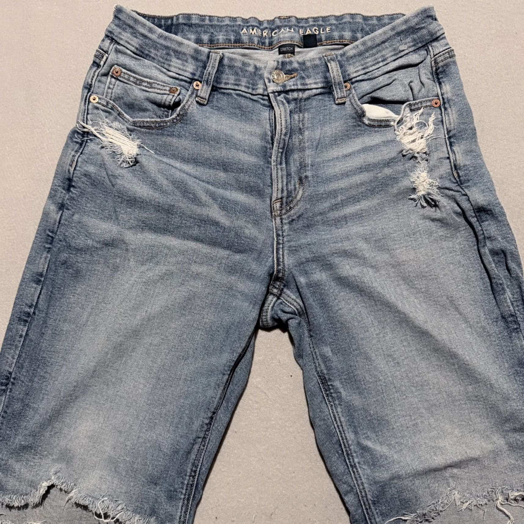 American Eagle Outfitters American Eagle Jeans Women Blue Denim Distressed Straight Stretch - 12 Short Size 34" / US 12 / IT 48 - 3 Thumbnail