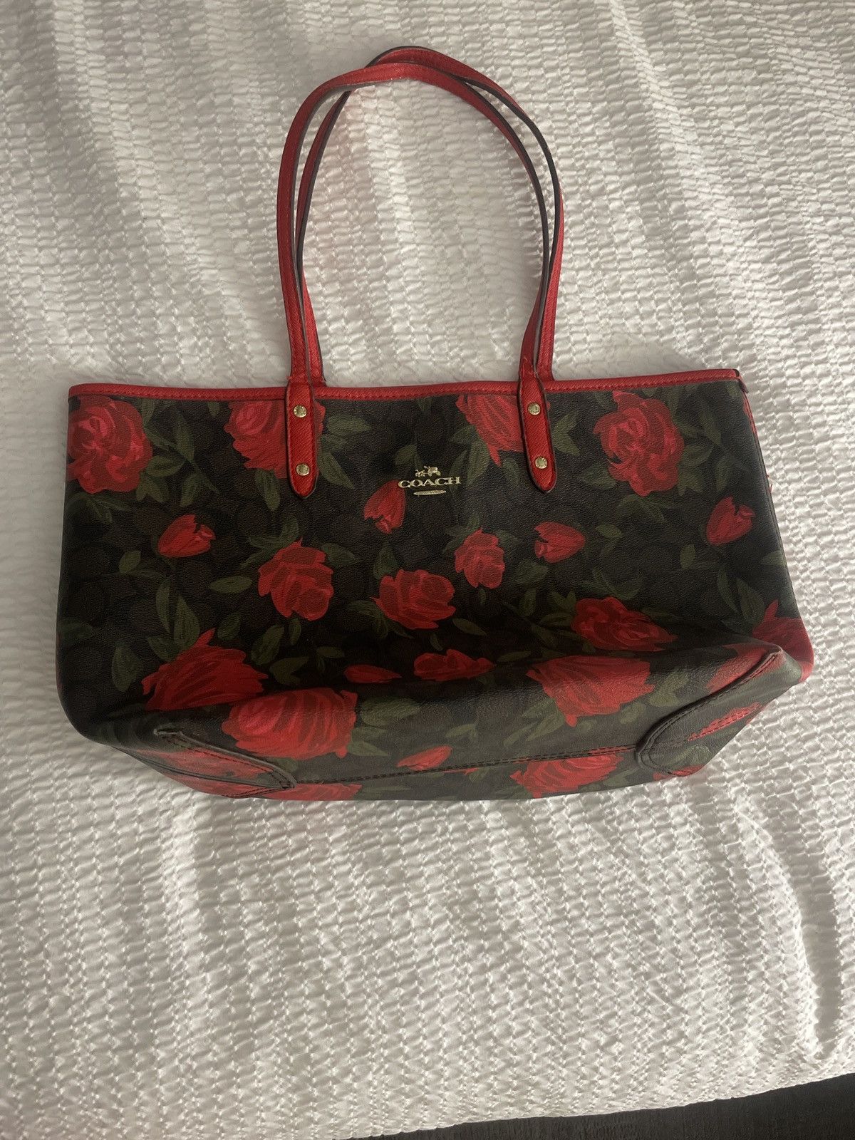 image of Red Rose Reversible Coach Leather Shoulder Bag in Green/Red, Women's