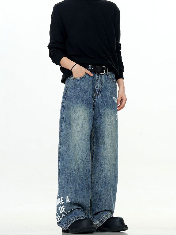 Japanese Brand × Jean American retro letter print washed men's loose casual jeans Size US 32 / EU 48 - 2 Thumbnail