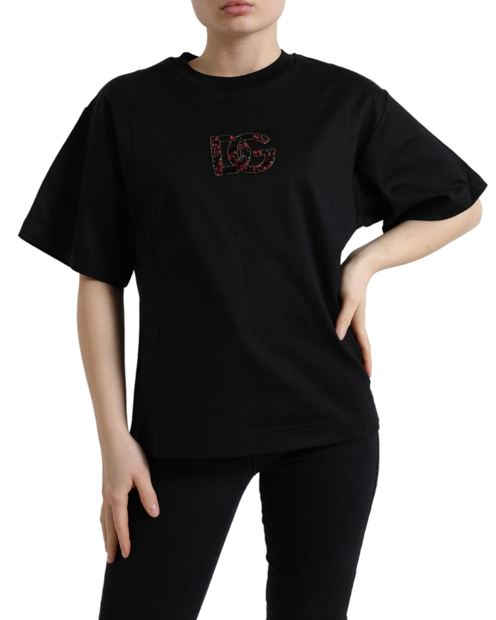 image of Dolce Gabbana Crystal Embellished Crewneck Tee Shirt in Black, Women's (Size XS)