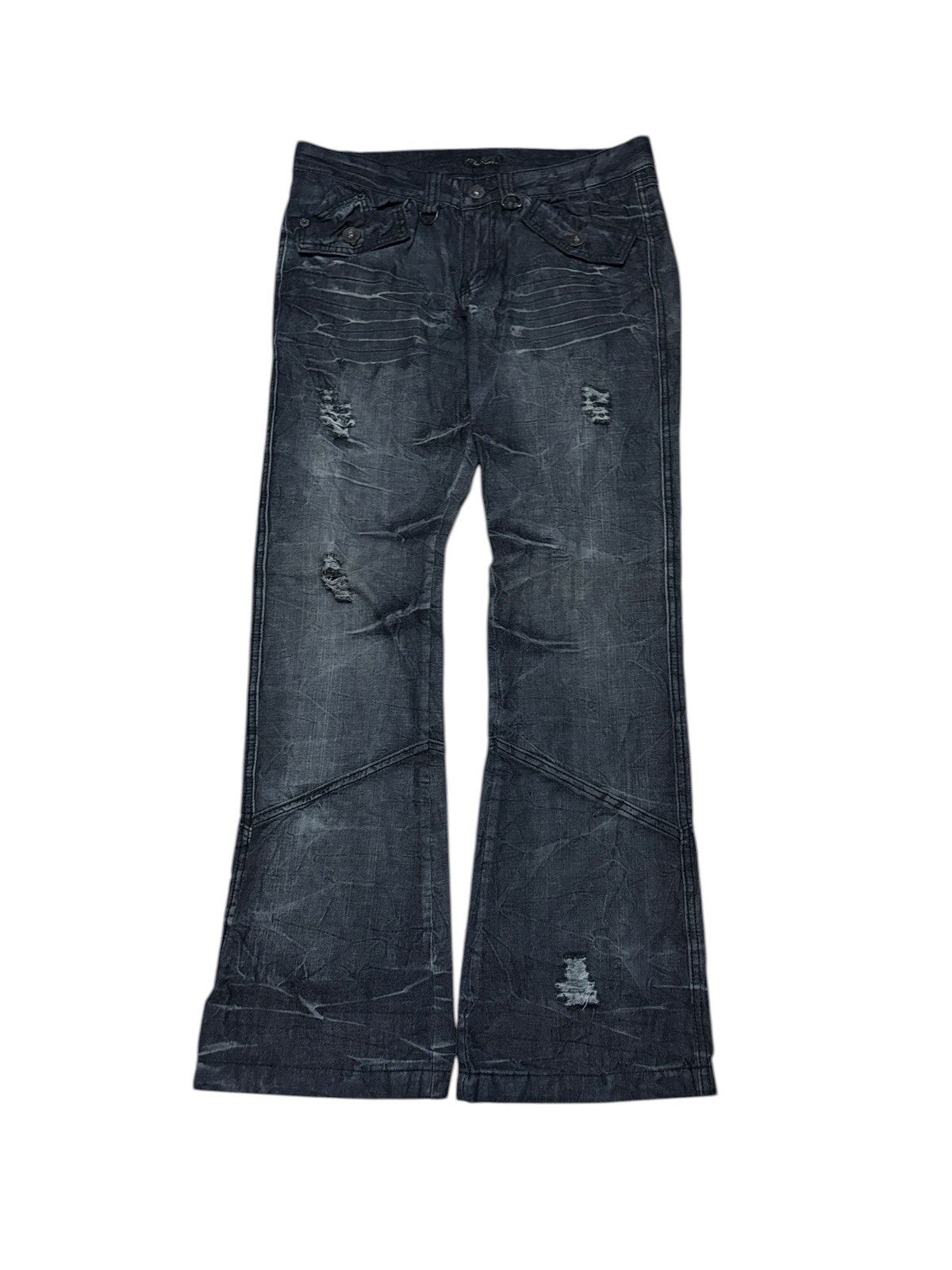 Japanese Brand Y2K Black Crown Distressed Wide Flare Pants Size 32" / US 10 / IT 46 - 1 Thumbnail