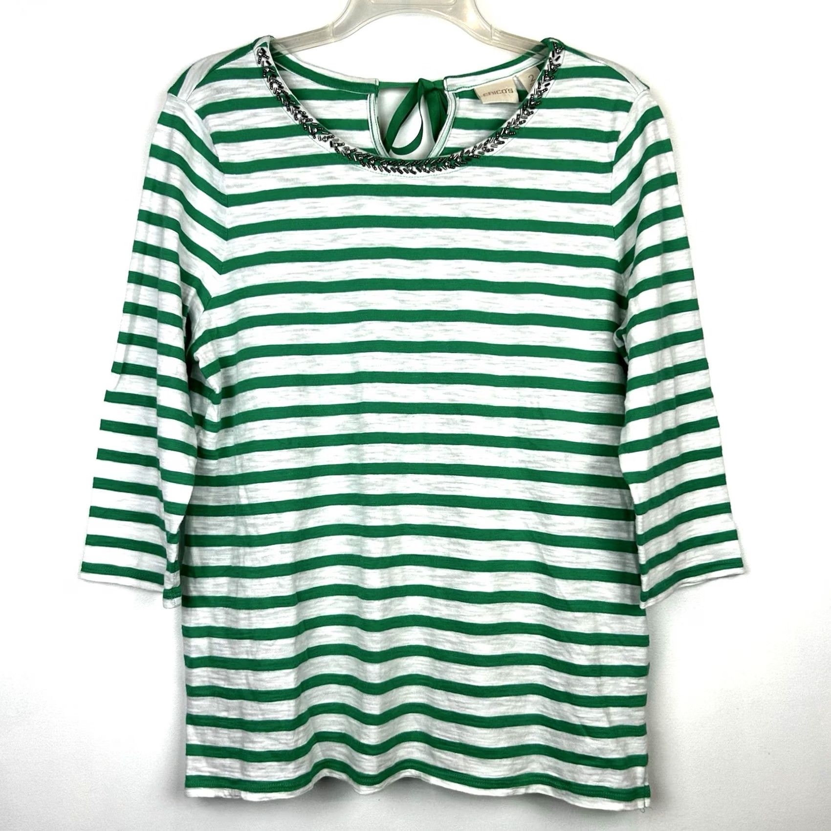 Vintage Chicos Shirt Womens M Striped Green White Casual Bling Collar Kelly Vacation Shirt T-Shirt Womens M Green Striped Casual Bling Collar Kelly Vacation Size M / US 6-8 / IT 42-44 - 2 Thumbnail
