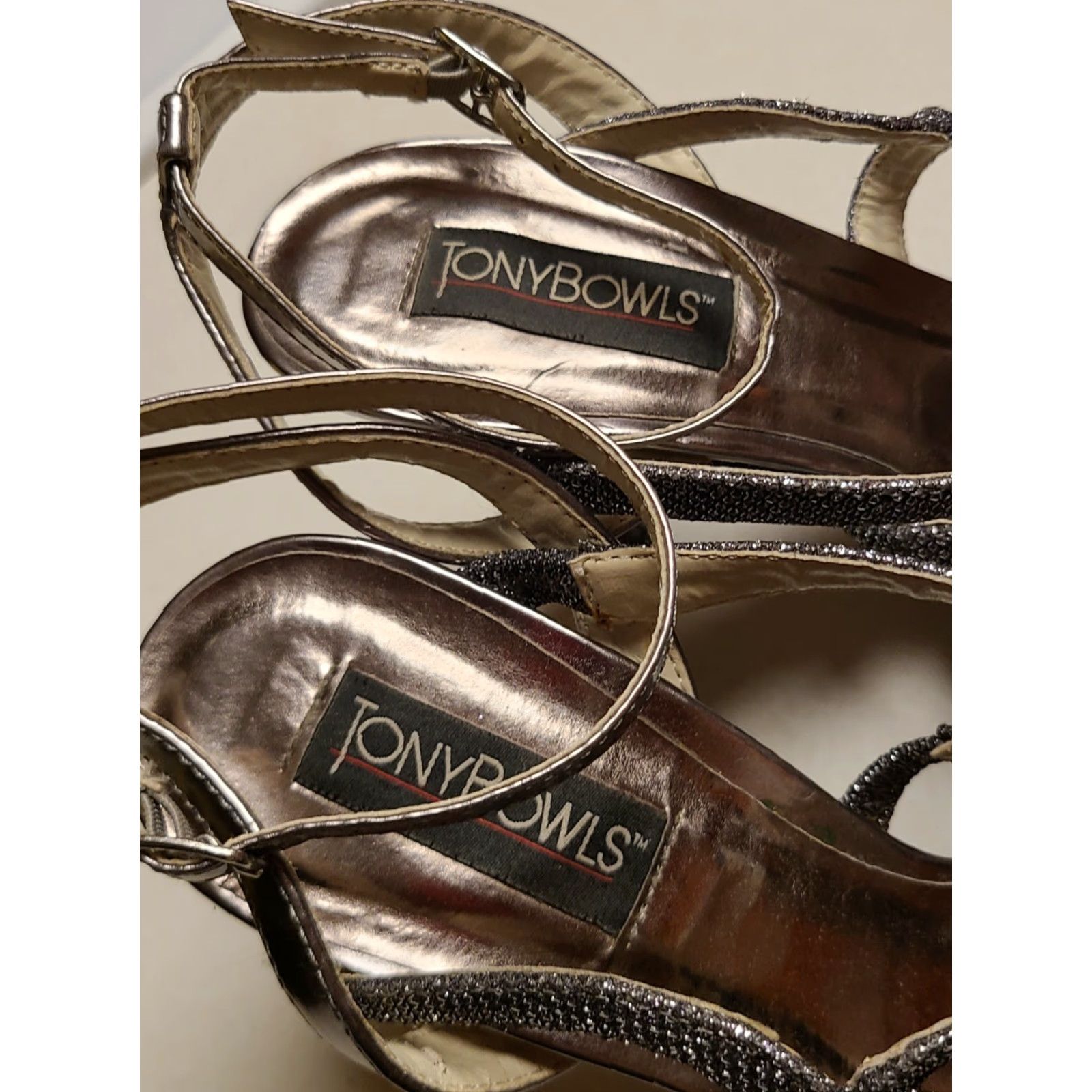 Vintage Tony Bowls Sadie 42003 Silver Sandal Strap Pageant Gala Shoes Women 8 Heel Stiletto Size US 8 / IT 38 - 7 Thumbnail