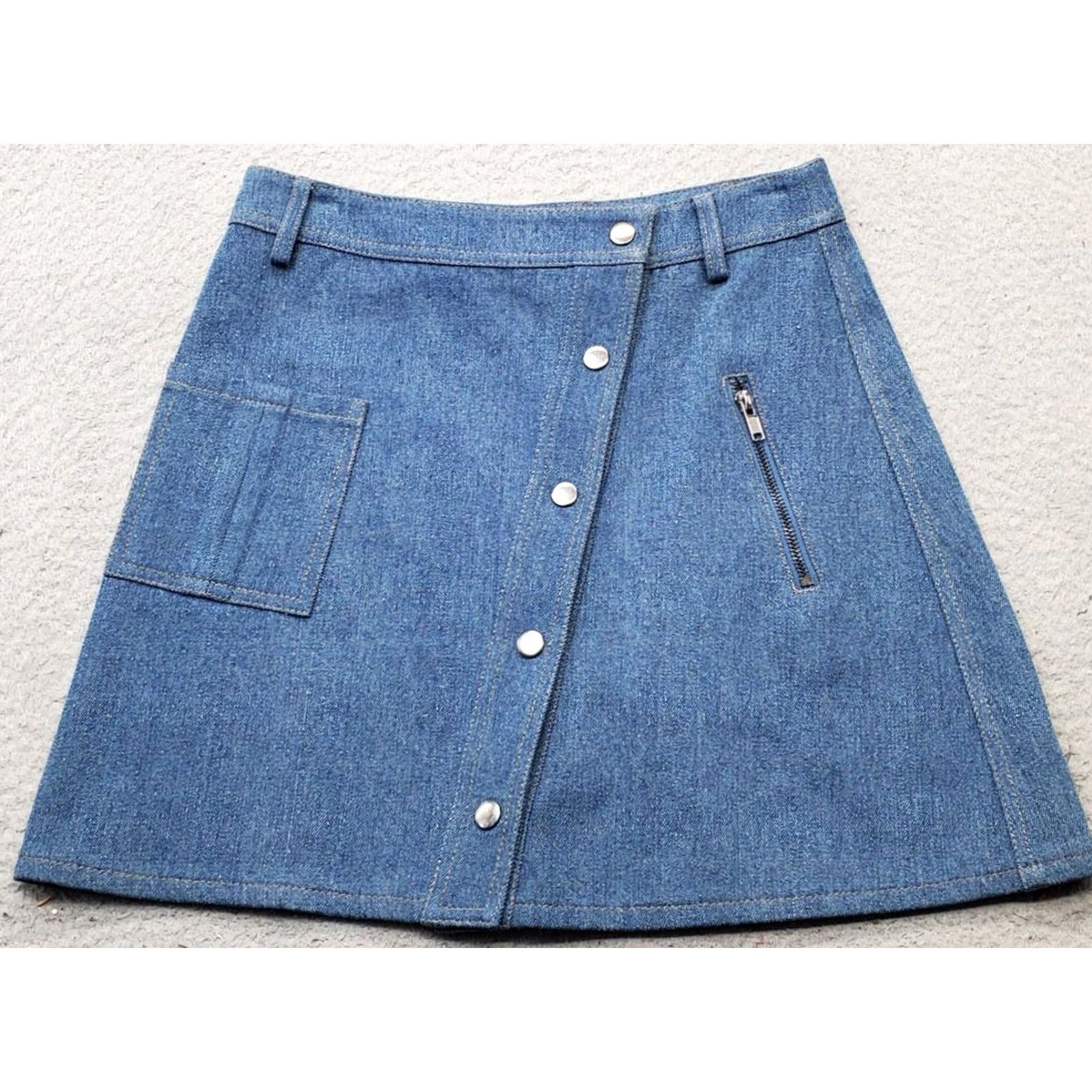 Denime J.O.A. Los Angeles A-Line Skirt Womens S Blue Denim Zip Pocket Snap Front Skirt Womens Size S Short Denim Pocket Front Blue Size 28" / US 6 / IT 42 - 2 Thumbnail