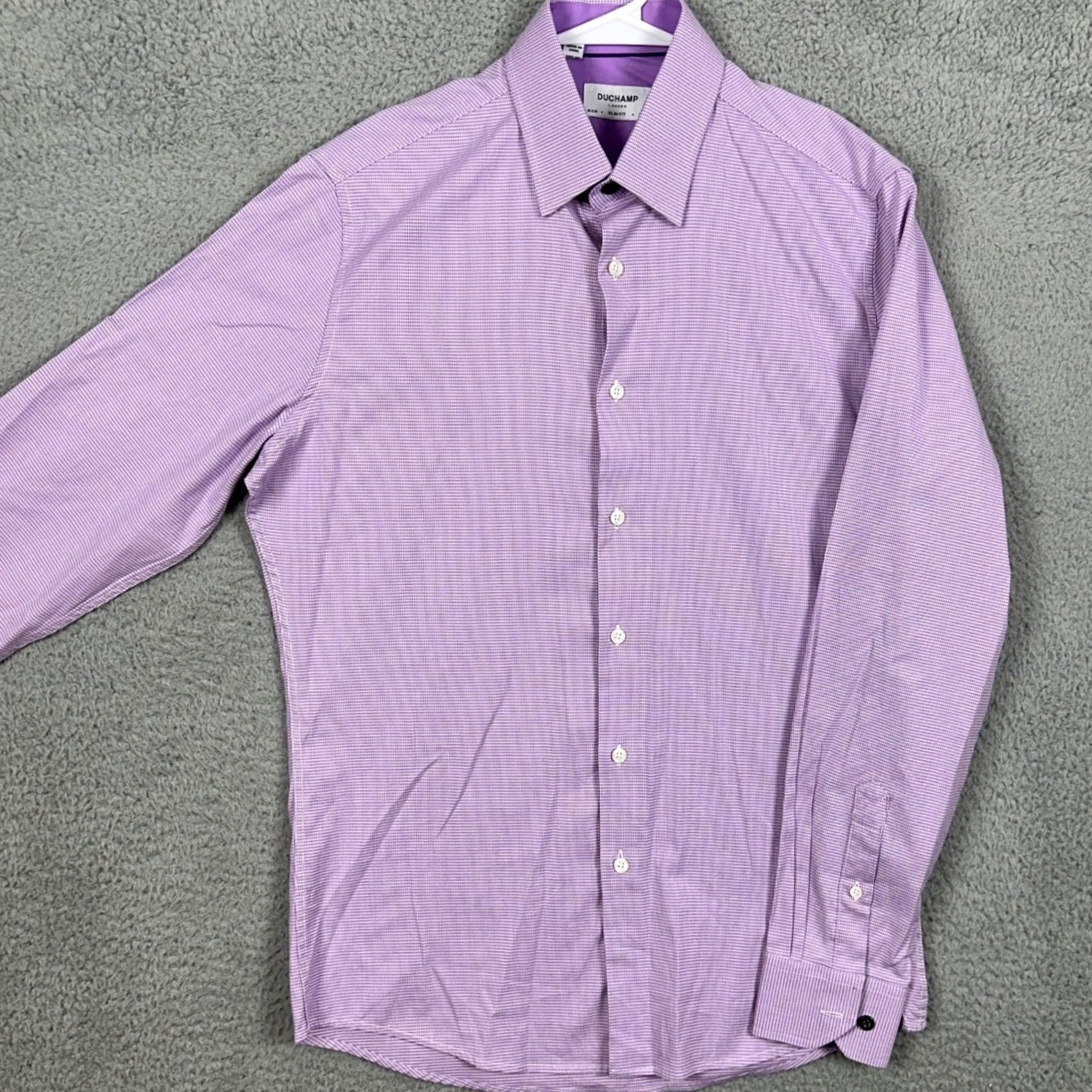 Vintage VINTAGE Duchamp London Mens Shirt Dress Purple Houndstooth Slim Fit Stretch EUC Size 42R - 2 Thumbnail