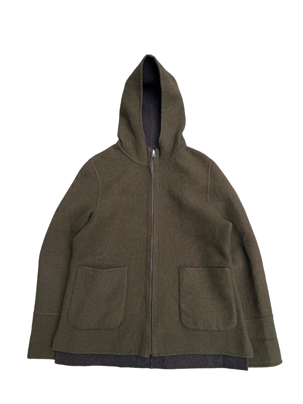 image of Yohji Yamamoto Reversible Wool Jacket Multi Pockets in Olive Green, Men's (Size Medium)