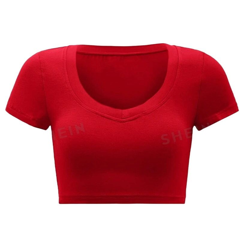 Shein V-Neck Cropped T-Shirt in Red, Size M Size M / US 6-8 / IT 42-44 - 1 Preview