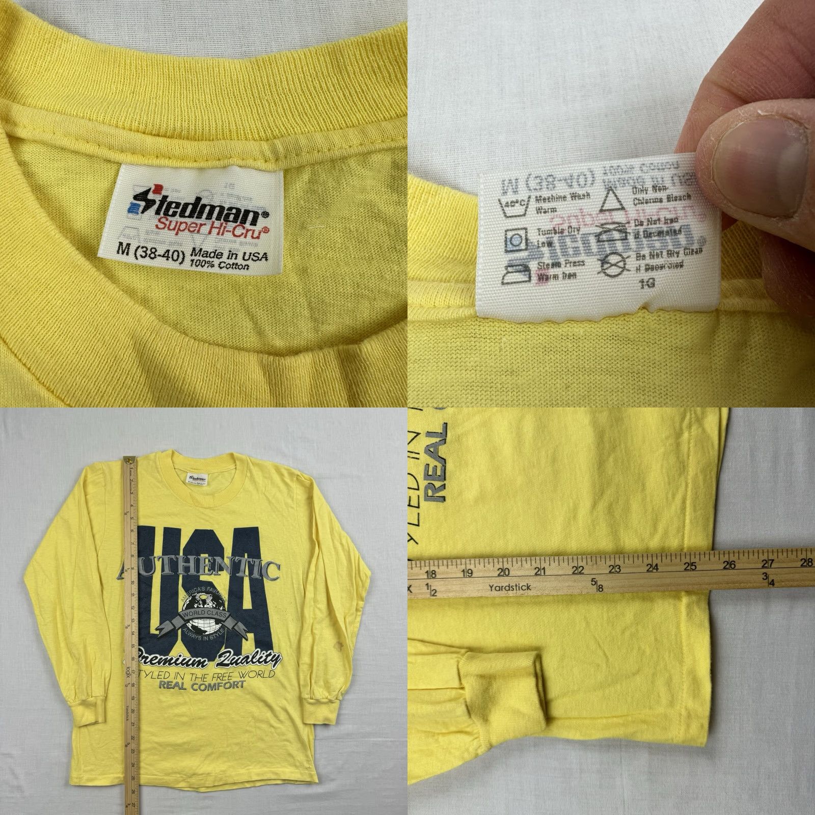 Vintage VINTAGE Stedman T-Shirt Adult Medium Yellow USA 80s Long Sleeve Crew Neck Shirt Mens Size US M / EU 48-50 / 2 - 8 Thumbnail