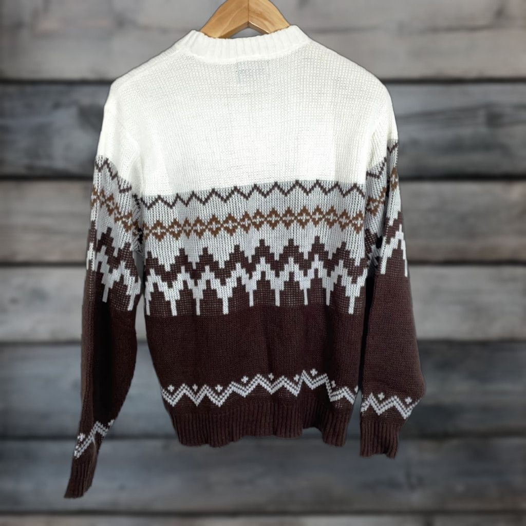 Vintage VINTAGE Sportswear Sweater Mens Large Brown Ivory Fair Isle Geometric Knit Crew Neck 70s Ski Pullover Size US L / EU 52-54 / 3 - 1 Thumbnail