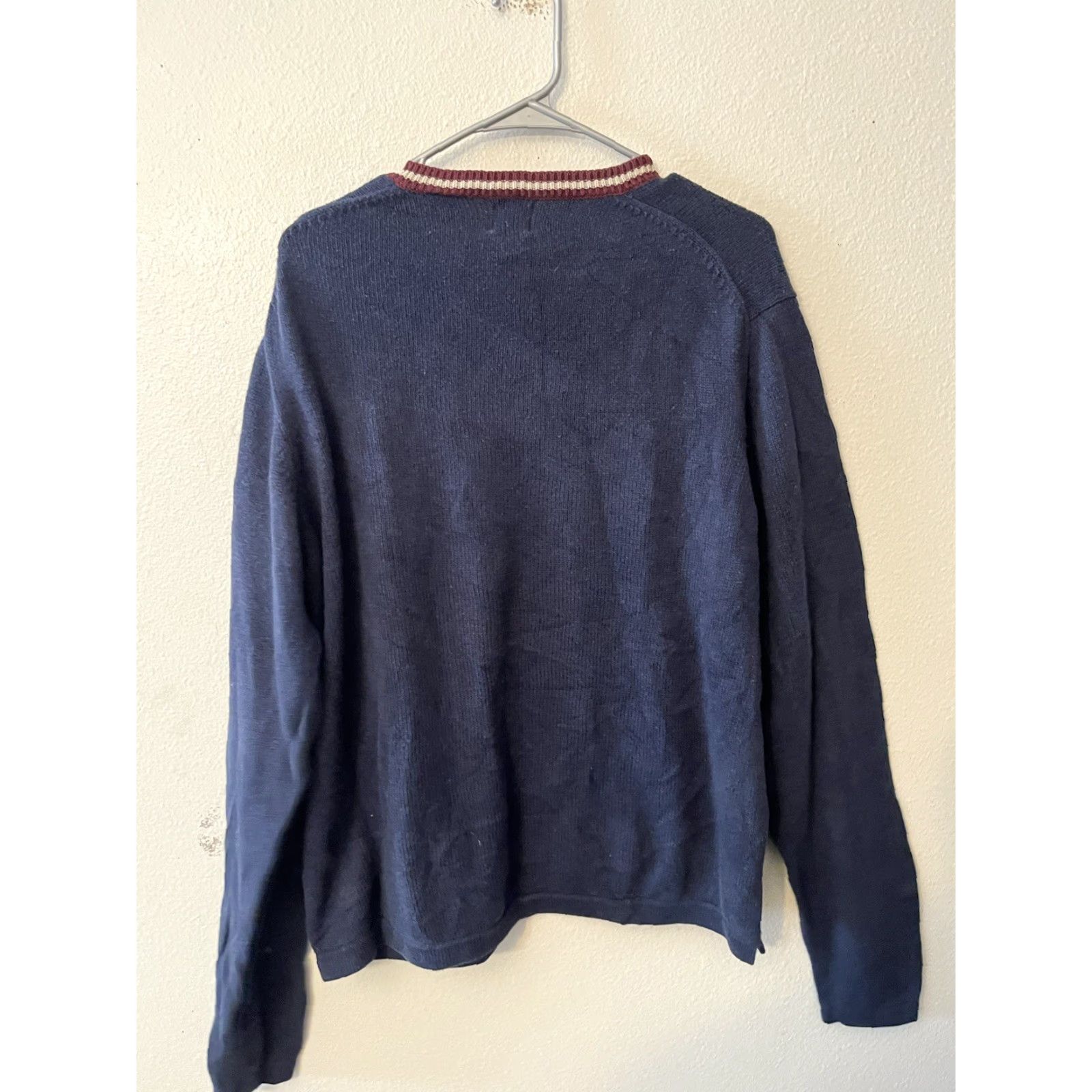 Gap Gap Sweater Men M Blue V-Neck Pullover Cotton Blend Sweatshirt with Maroon Trim - Casual Knit Pullover, Regular Fit, Logo, All Seasons, ?$ Size US M / EU 48-50 / 2 - 3 Thumbnail
