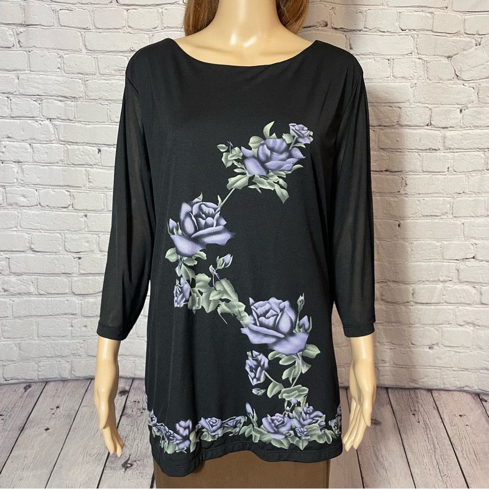 Other Style & Co Black Floral 4/2 Sleeve Top Size 2X Size XXL / US 16-18 / IT 52-54 - 2 Thumbnail