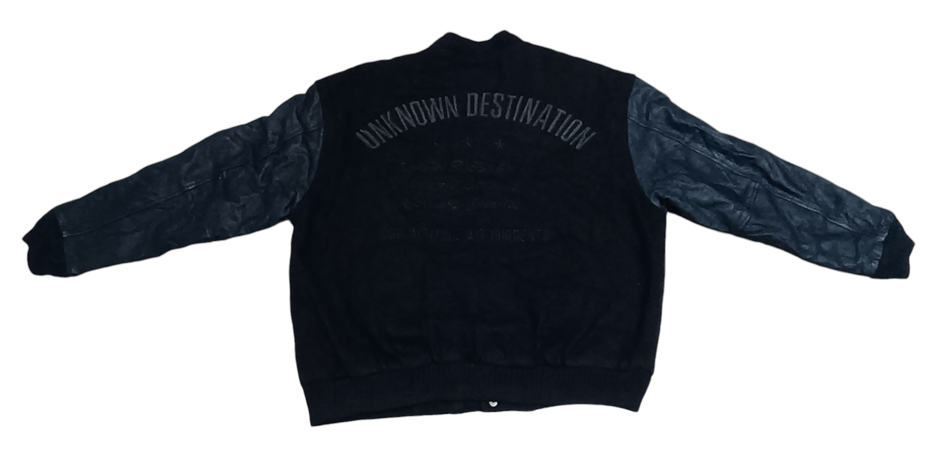 Japanese Brand UNKNOWN DESTINATION LEATHER SLEEVE VARSITY JACKET Size US L / EU 52-54 / 3 - 6 Thumbnail
