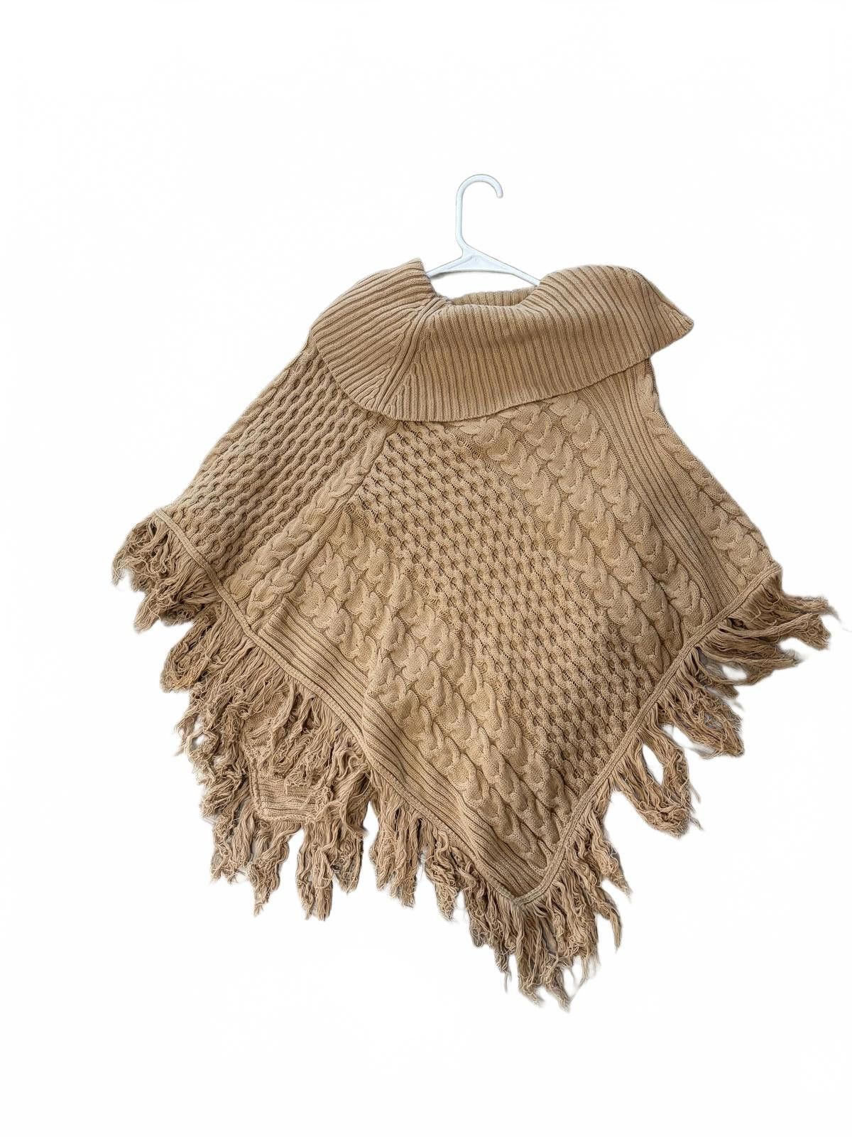 Unknown London Jaclyn Smith Beige Cable Knit Poncho w/ Fringe Detail Small Size ONE SIZE - 5 Thumbnail