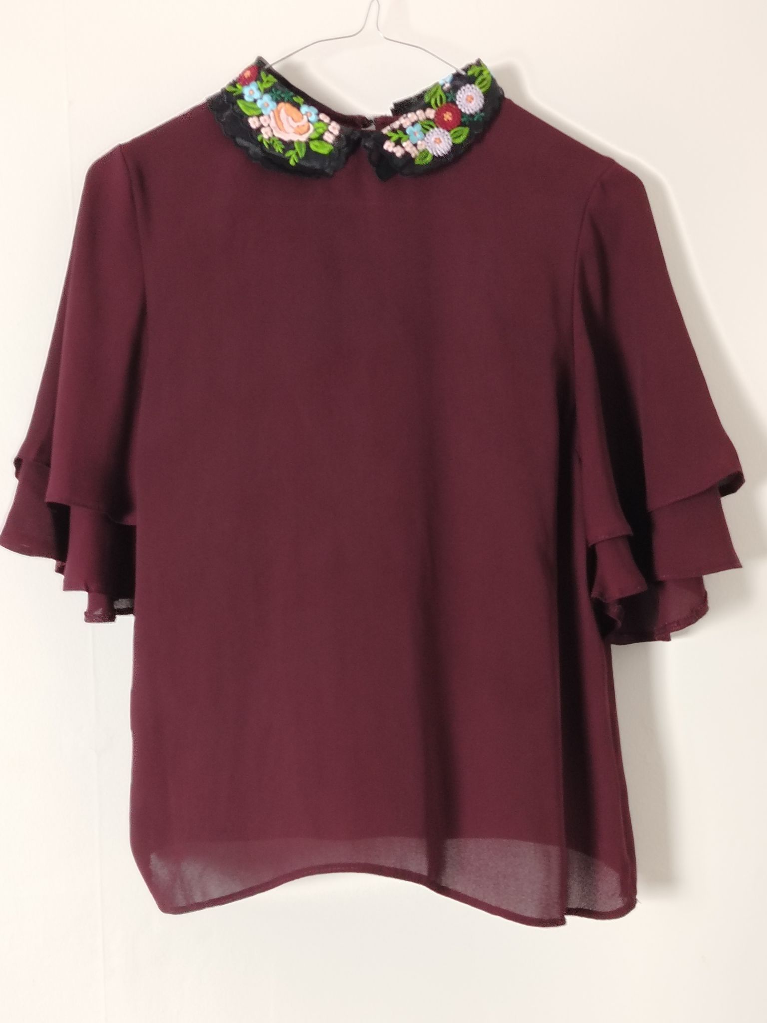 New Look New Look Blouse Womens UK 8 Burgundy Embroidered Peter Pan Size M / US 6-8 / IT 42-44 - 1 Thumbnail