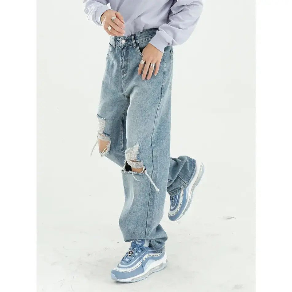 Japanese Brand Retro loose straight leg ripped jeans Size US 32 / EU 48 - 3 Thumbnail
