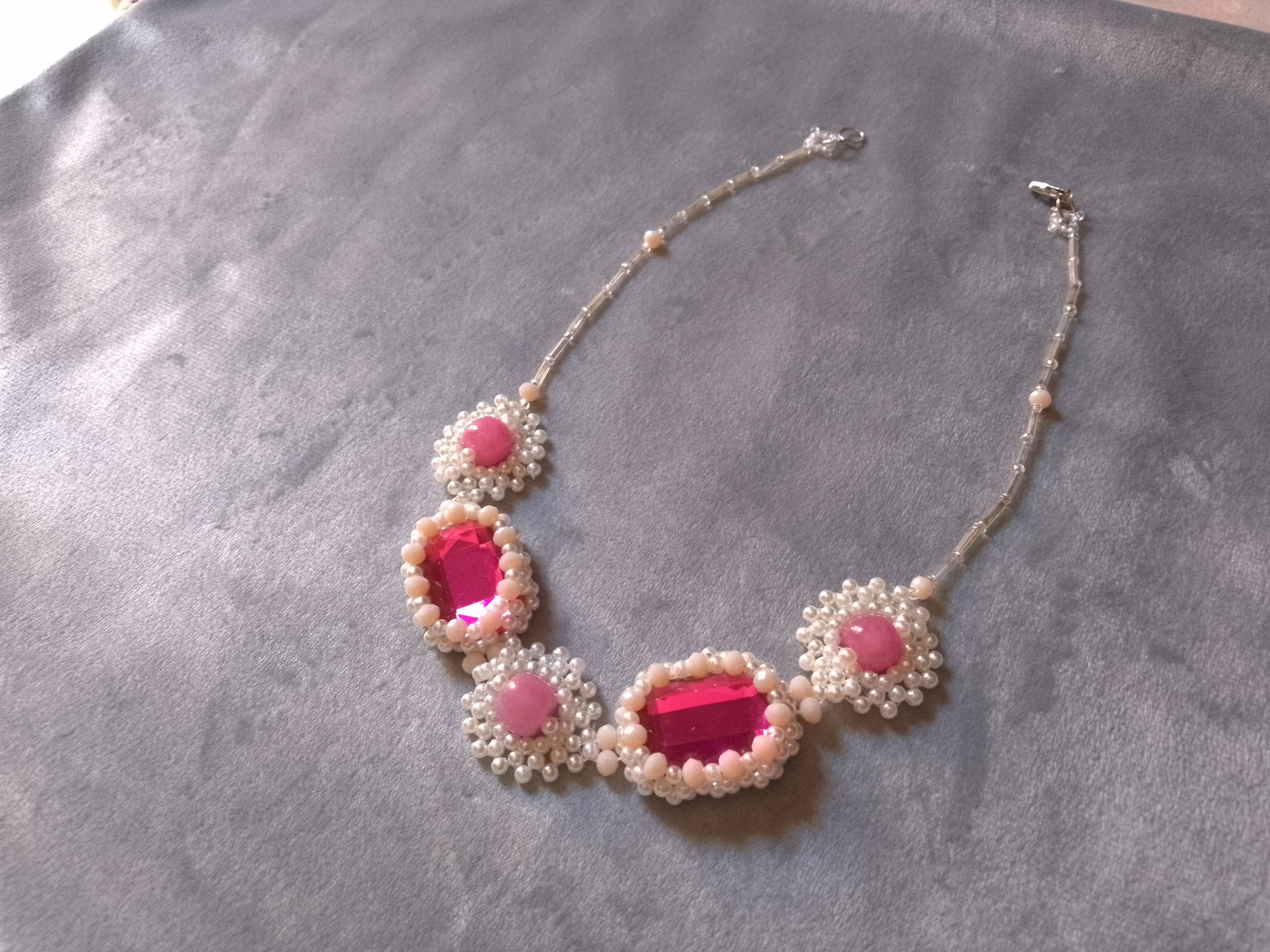Handmade Beaded necklace pink Zircons & natural jade gemstones Size ONE SIZE - 9 Thumbnail