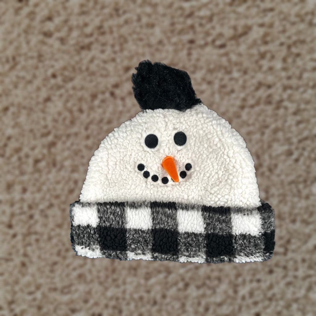 Vintage Holiday Time Snowman Beanie Toque Adult One Size White Black Plaid Fleece 100% Polyester Pom Size ONE SIZE - 1 Thumbnail