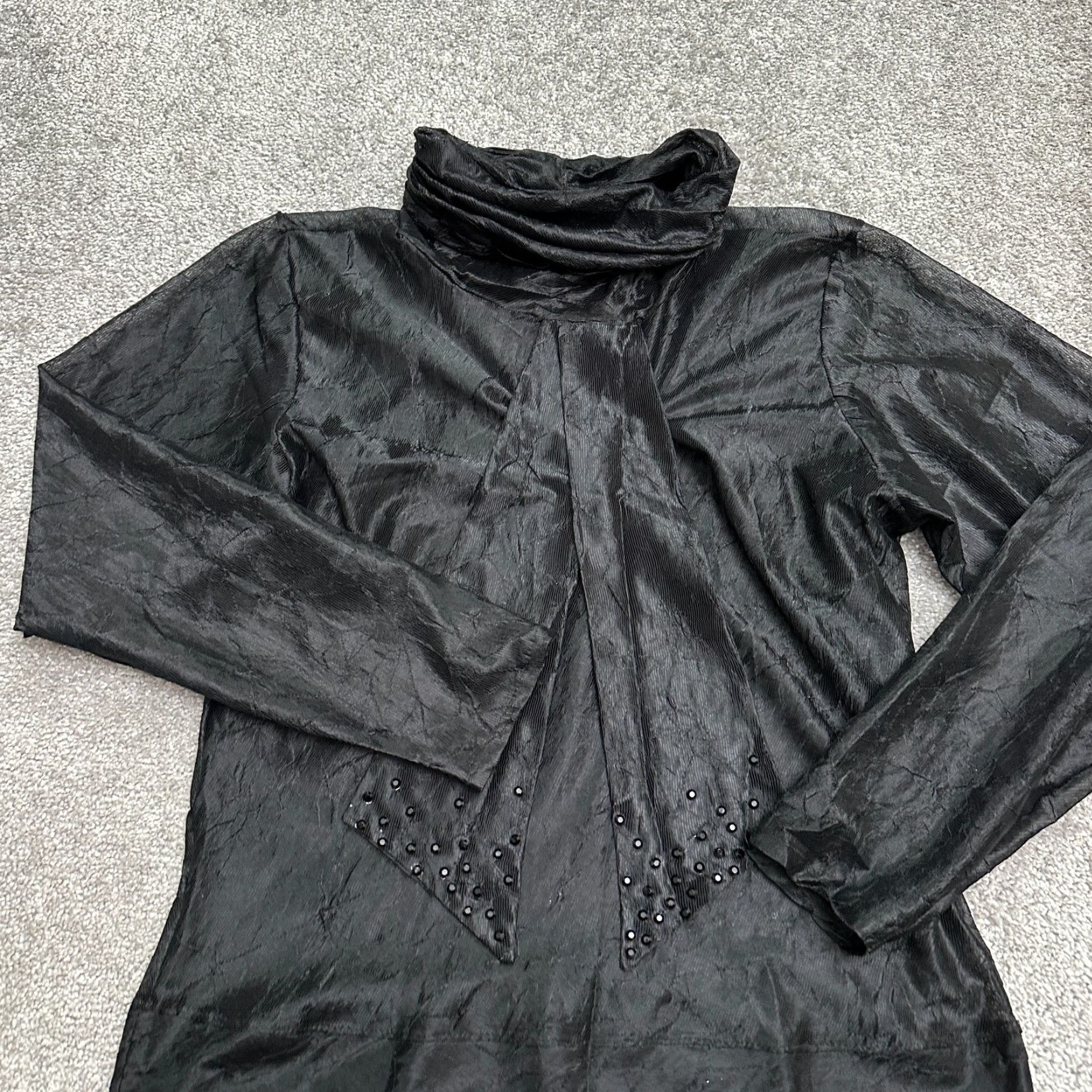 Vintage DM Confeccoes Sheer Blouse Women M Black Turtleneck Bow Lightweight Studded Dress Shirt Tunic Style Casual Sleeve Regular Chiffon Polyester Size M / US 6-8 / IT 42-44 - 4 Thumbnail