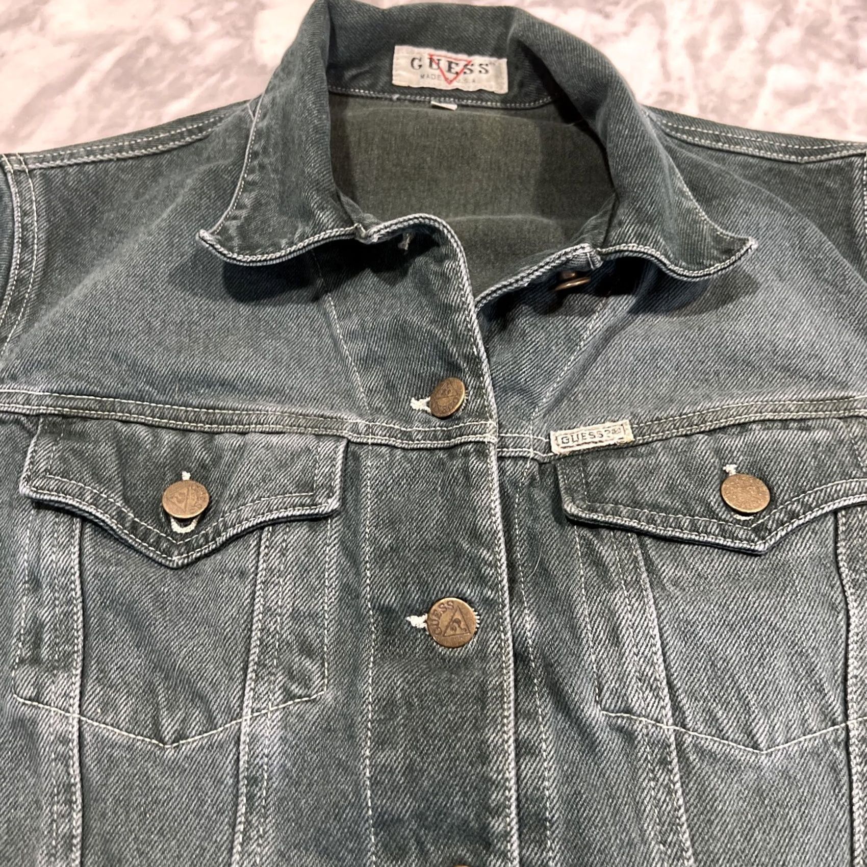 Guess VINTAGE GUESS Denim Jacket Women’s M Short Long Sleeve Green 80s USA Classic Biker Pockets Button Size 32" / US 10 / IT 46 - 4 Thumbnail