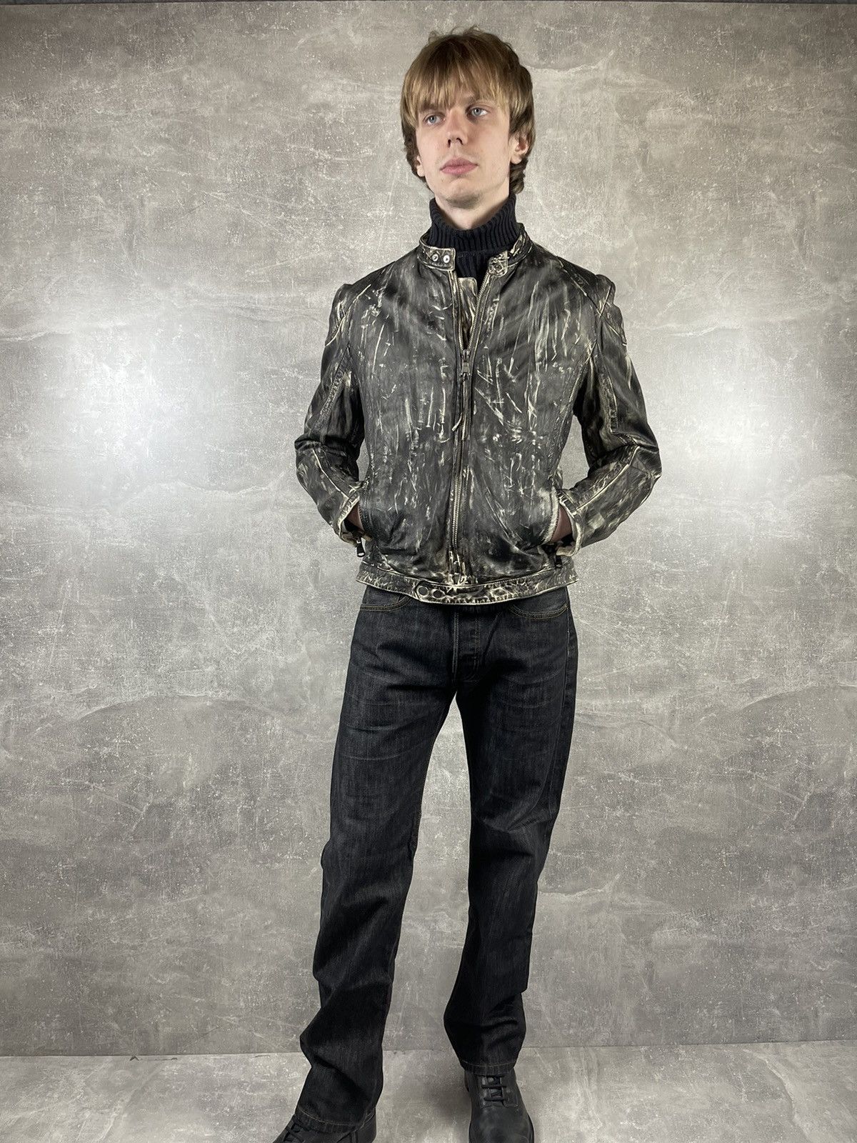 ジャケット・アウター VINTAGE leather jacket black archive Vintage Archive Black/White Leather Faded Biker Jacket
