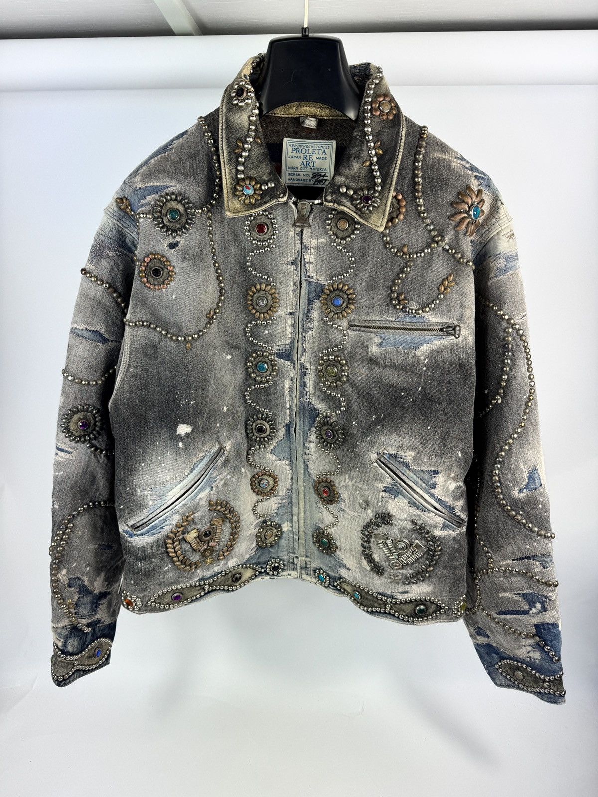 Proleta Re Art EMBELLISHED LEATHER DETAIL HANDMADE 1/1 DENIM JACKET Size US L / EU 52-54 / 3 - 1 Thumbnail