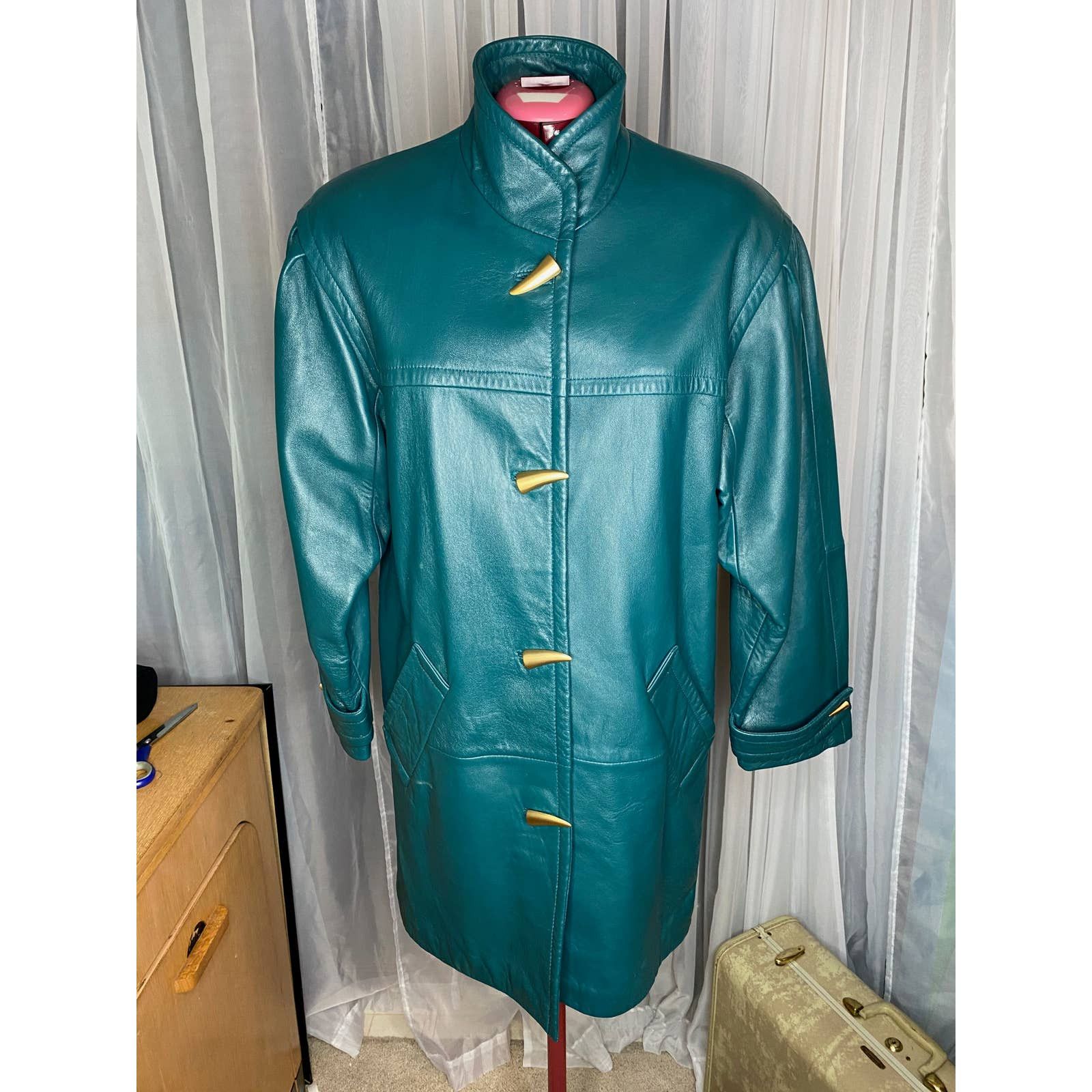 Vintage leather Jacket coat Jaqueline Ferrar teal green blue gold Size US M / EU 48-50 / 2 - 1 Thumbnail