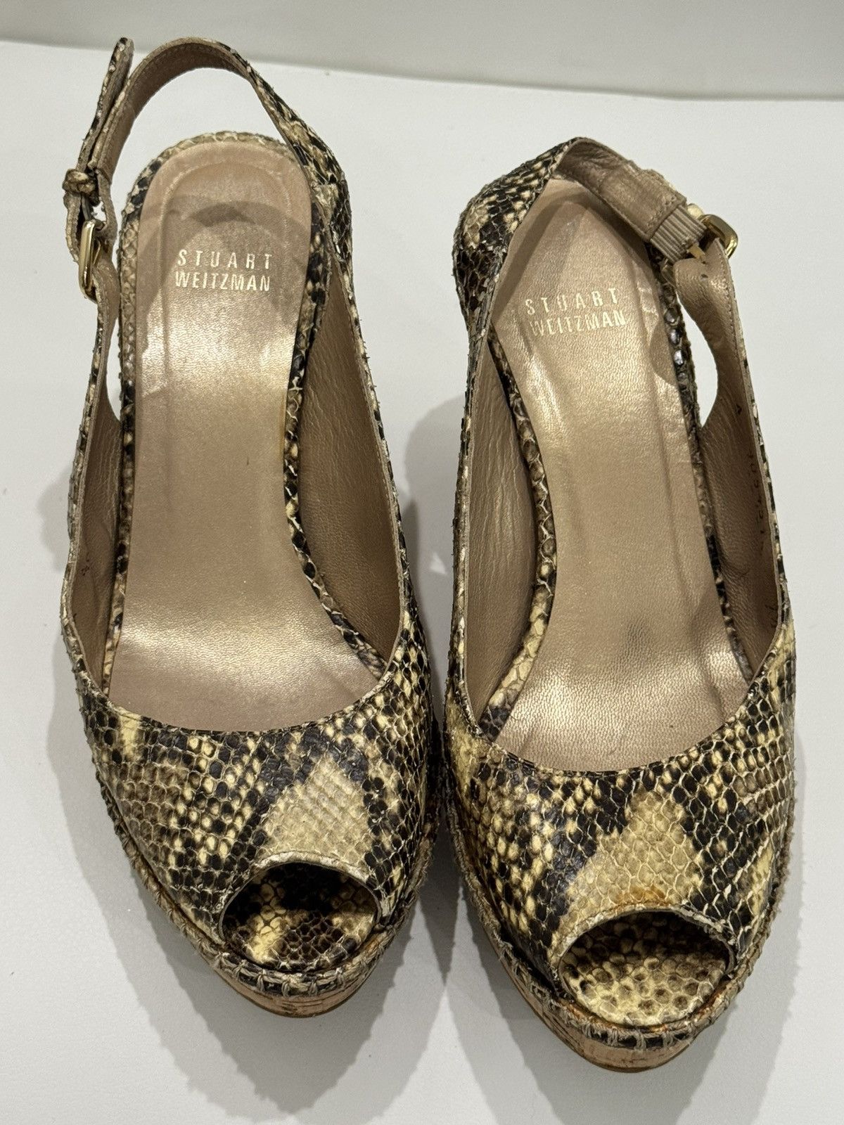 Stuart Weitzman Stuart Weitzman Snake Print Wedge Slingback Buckle Sandals Size US 7.5 / IT 37.5 - 1 Thumbnail