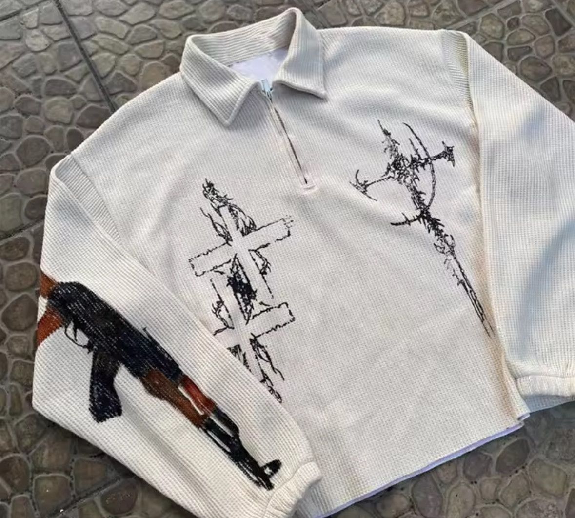 Japanese Brand Y2K Goth Hip Hop Sketch Cross Gun Polo Sweater Sweatshirt Size US M / EU 48-50 / 2 - 3 Thumbnail