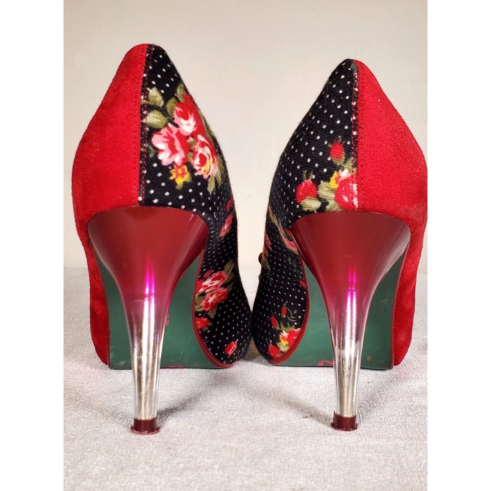 Vintage Poetic Licence Bloom High Heel Pumps Red Suede and Fabric Women's Size US 7 Pump Stiletto Shoes Size US 7 / IT 37 - 6 Thumbnail