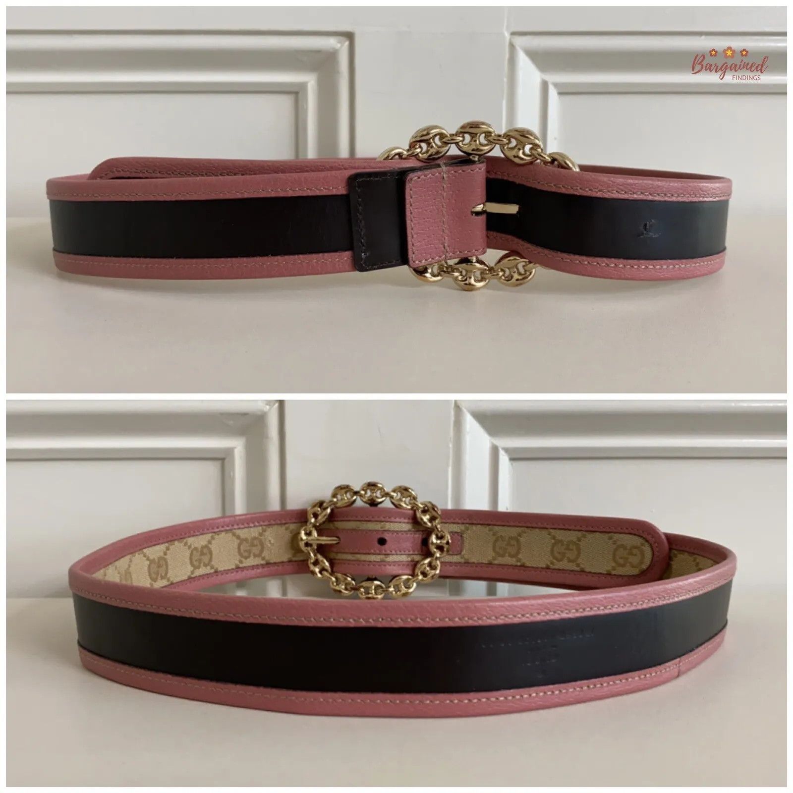 Gucci Gucci Pink Monogram Canvas Leather Gold Chain Buckle Belt Size ONE SIZE - 4 Thumbnail