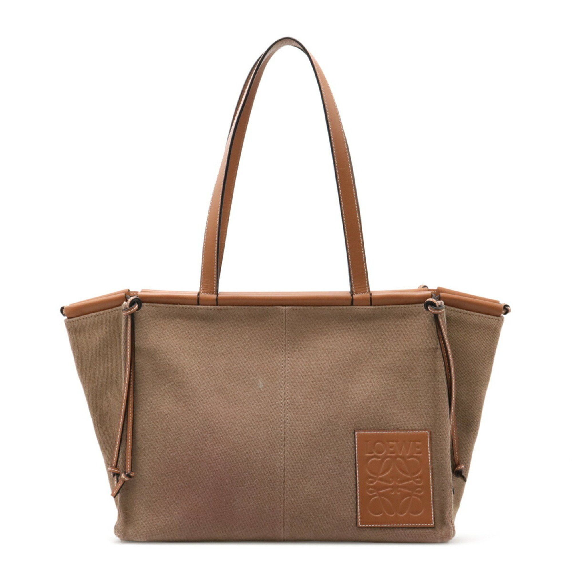 Loewe Cushion Tote Bag Shoulder Canvas Leather Mocha Brown Pink, Women's