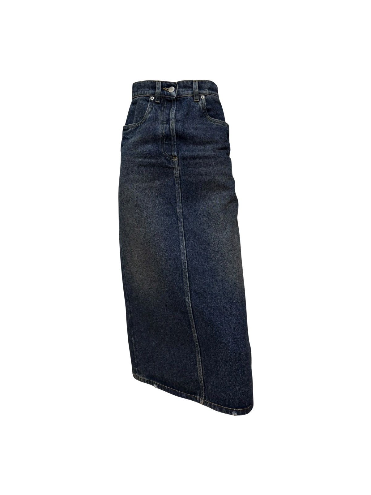 Prada PRADA High-Waisted Denim Midi Skirt with Back Logo Plaque Size 25" / US 0 / IT 36 - 1 Thumbnail